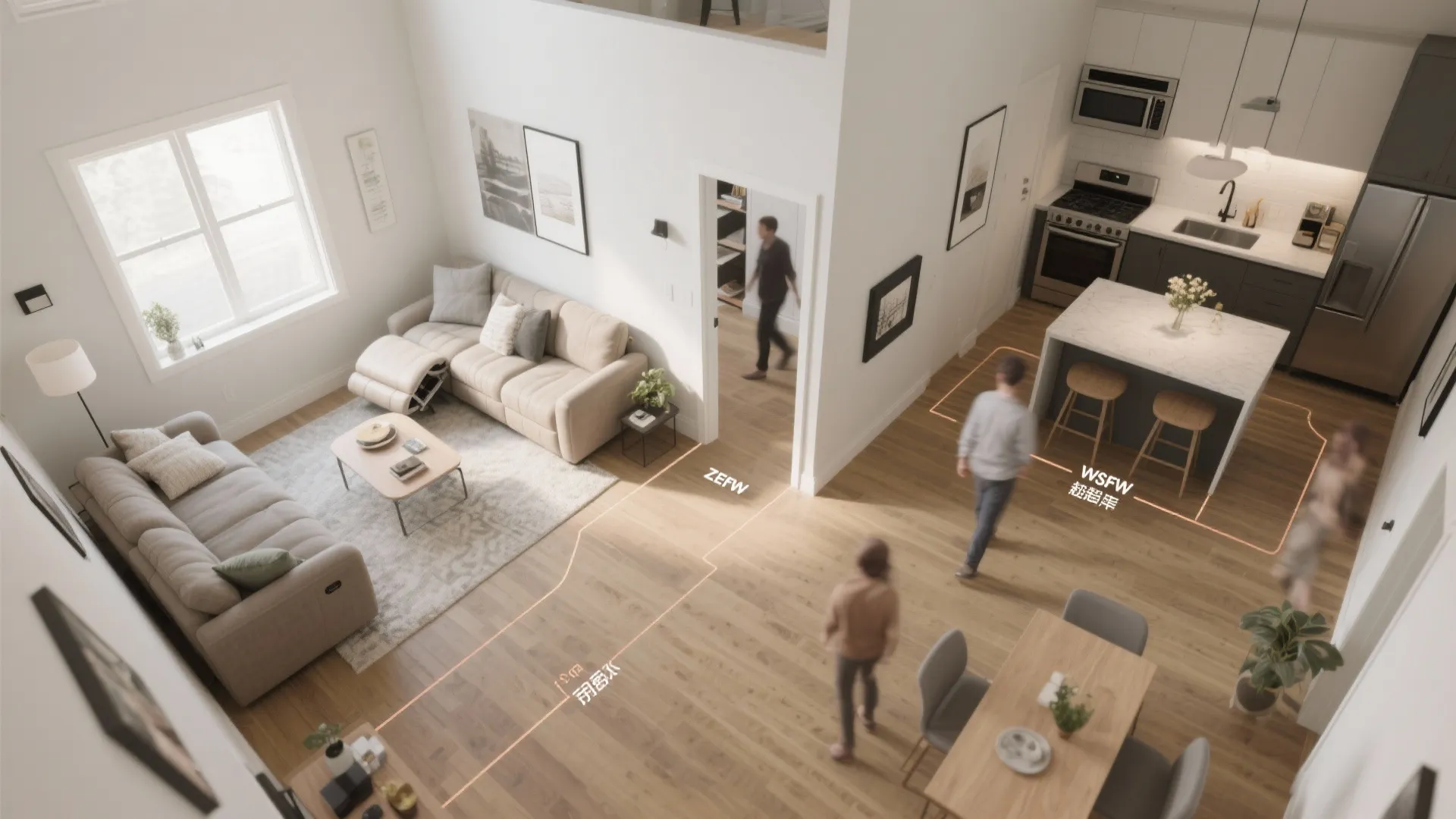 Top view of open plan living room and kitchen showing room layout with walking path lines