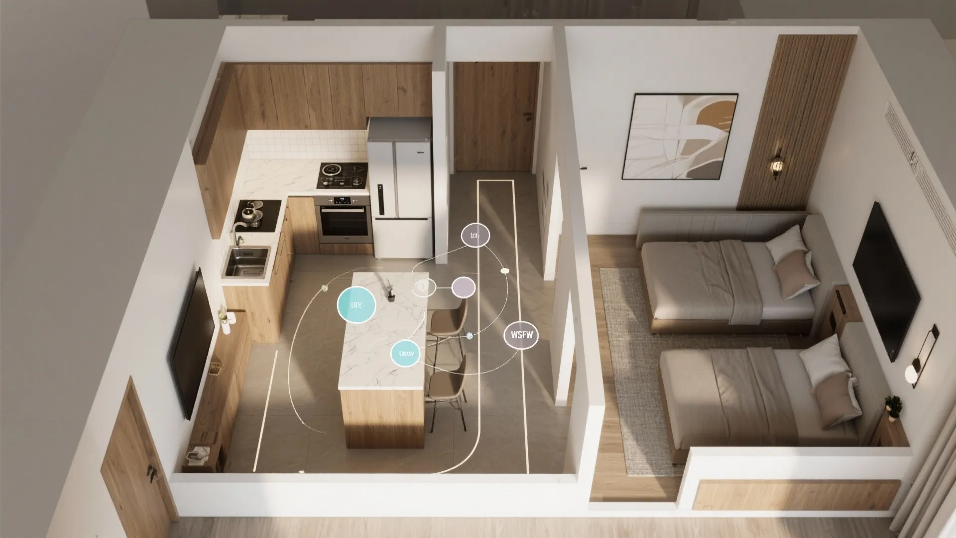 Top-down diagram-like view of a 2-bedroom suite showing kitchen adjacency and clean circulation paths.