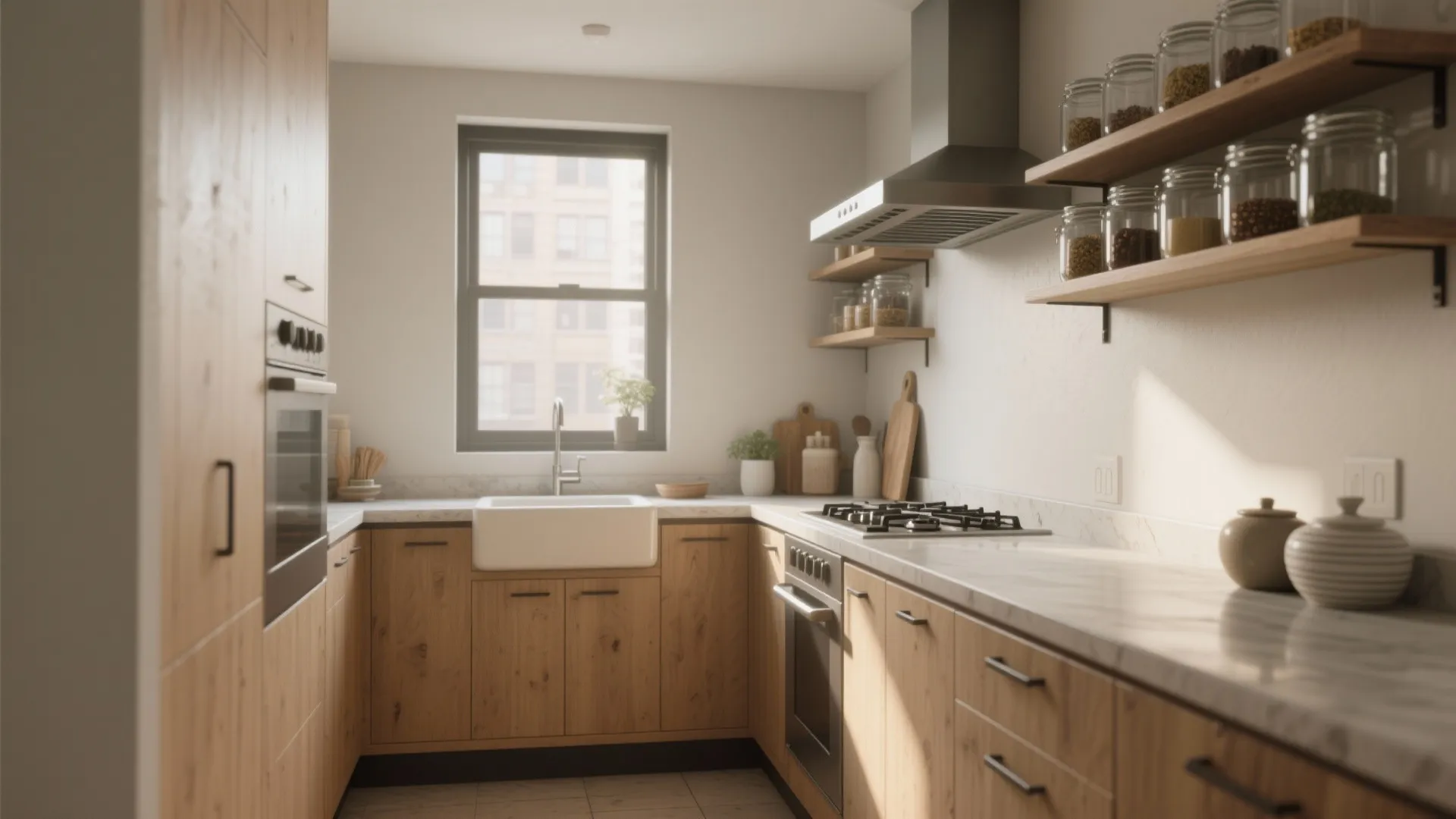 Modern kitchen with wooden cabinets, white countertop, gas stove, sink, and open wooden wall shelves