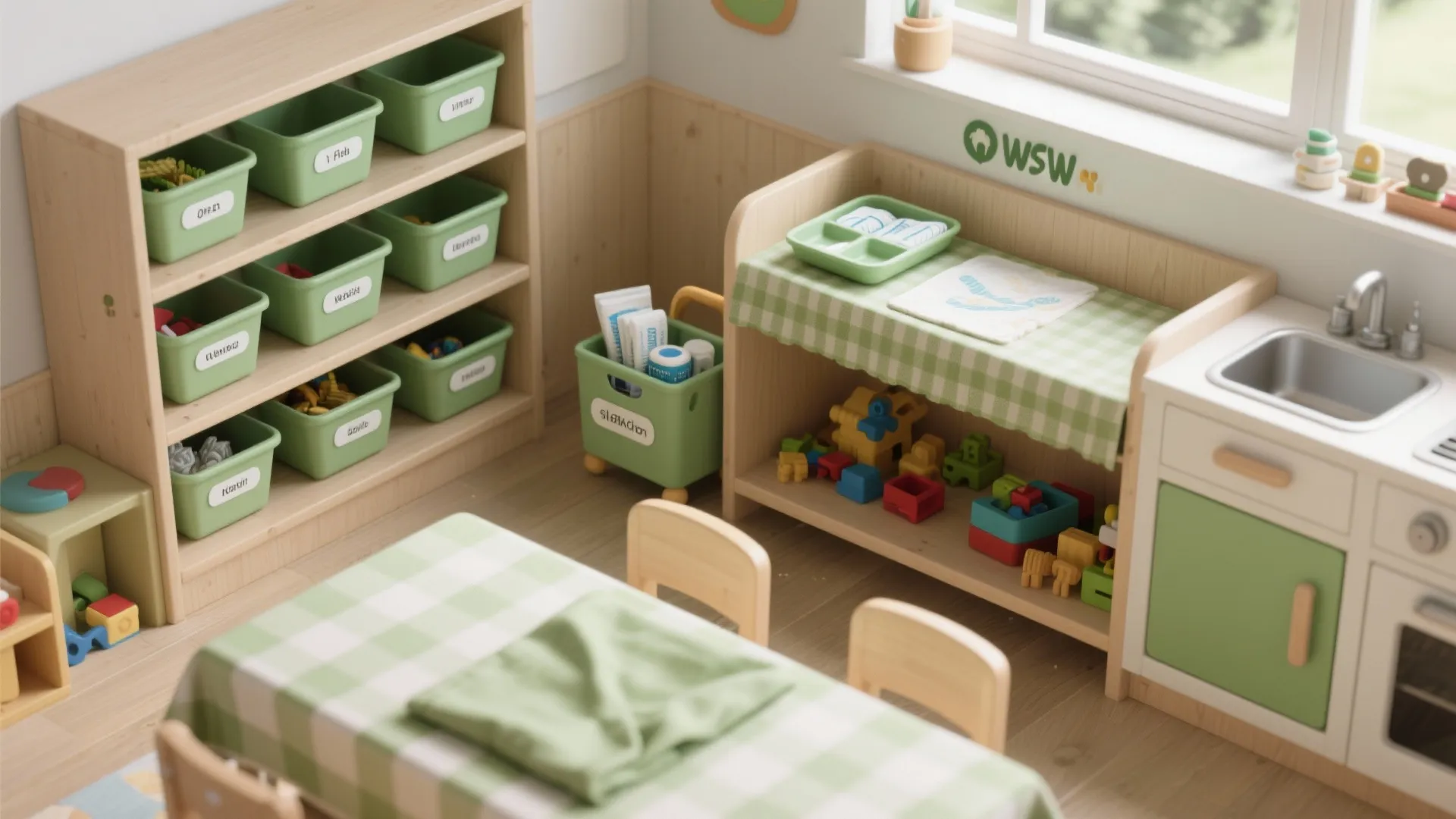 5. Integrate kitchen-style storage and clean-up stations