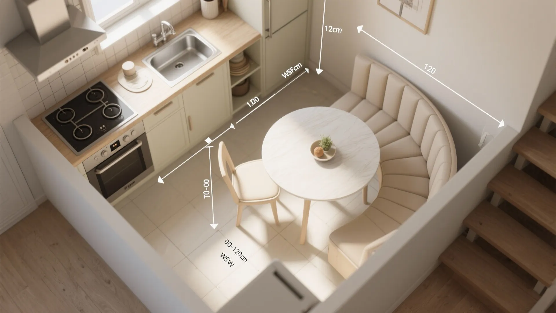 Top view of kitchen dining area with measurements showing round table sofa chair and stove