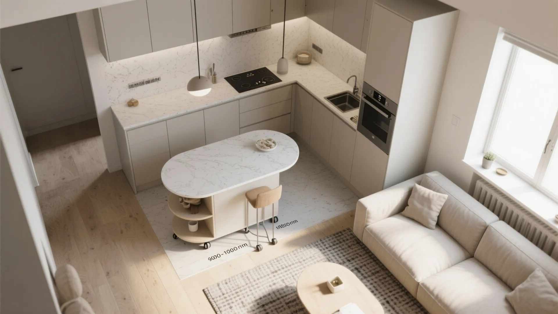 Open kitchen with a single-line plus island (convertible)