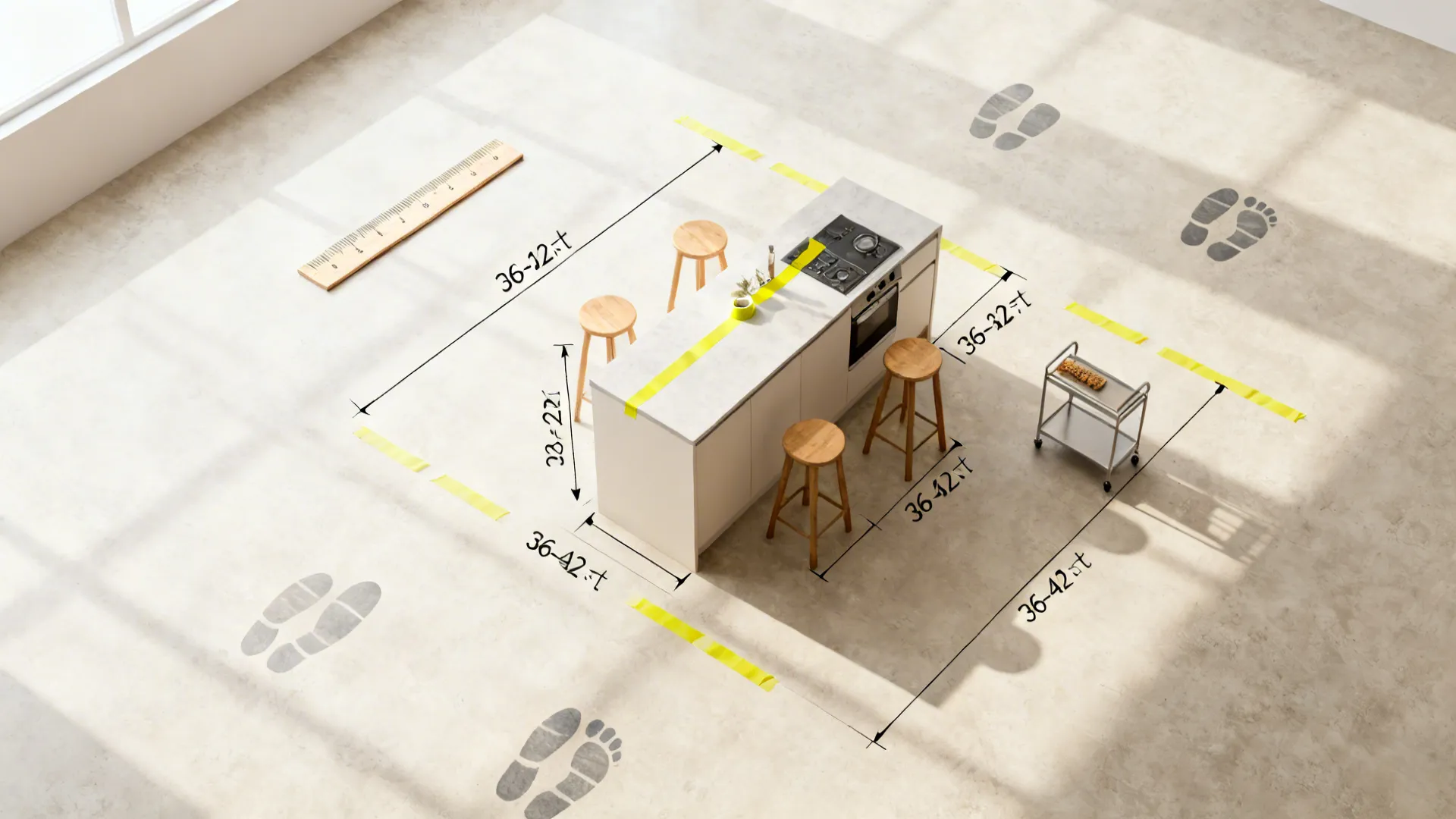 Top-down view marking 36–42 inch clearances around a slim island with stools.
