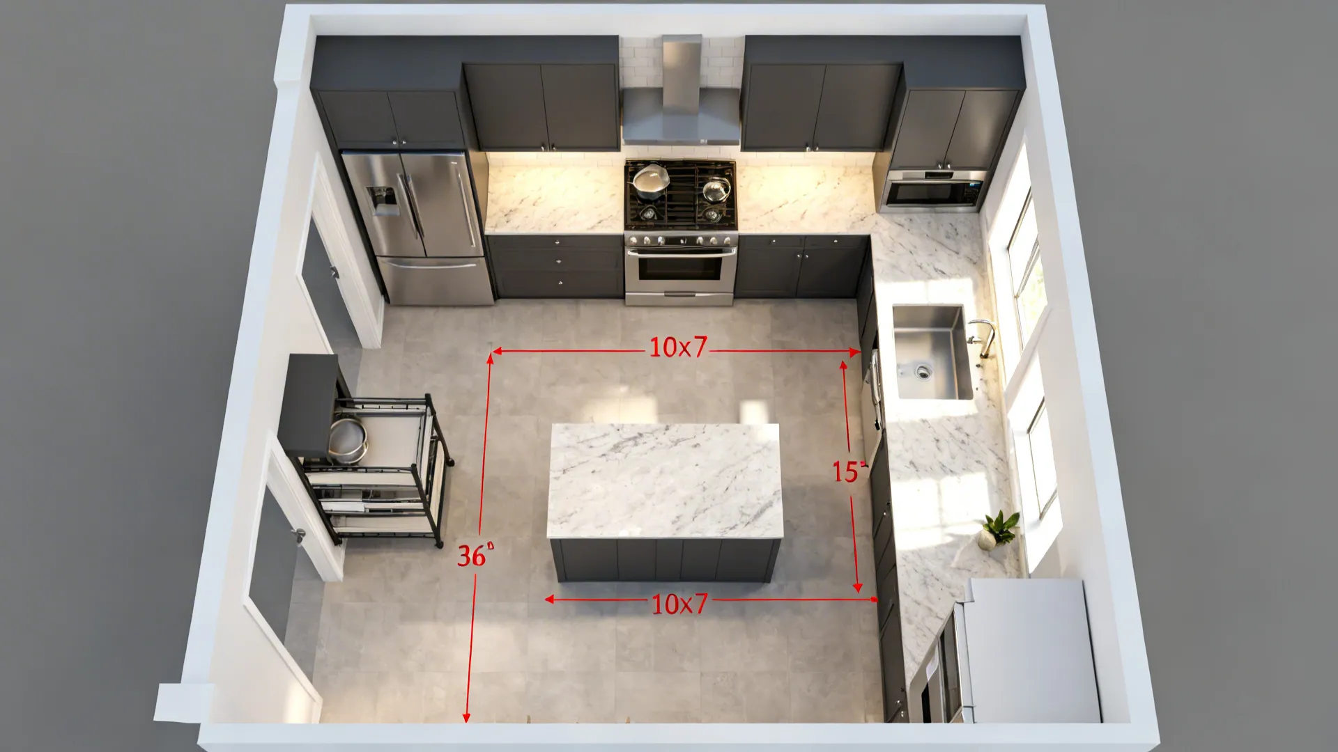 Top-down render showing walkways, landing spaces, and modular layout options for a 10x7 kitchen.