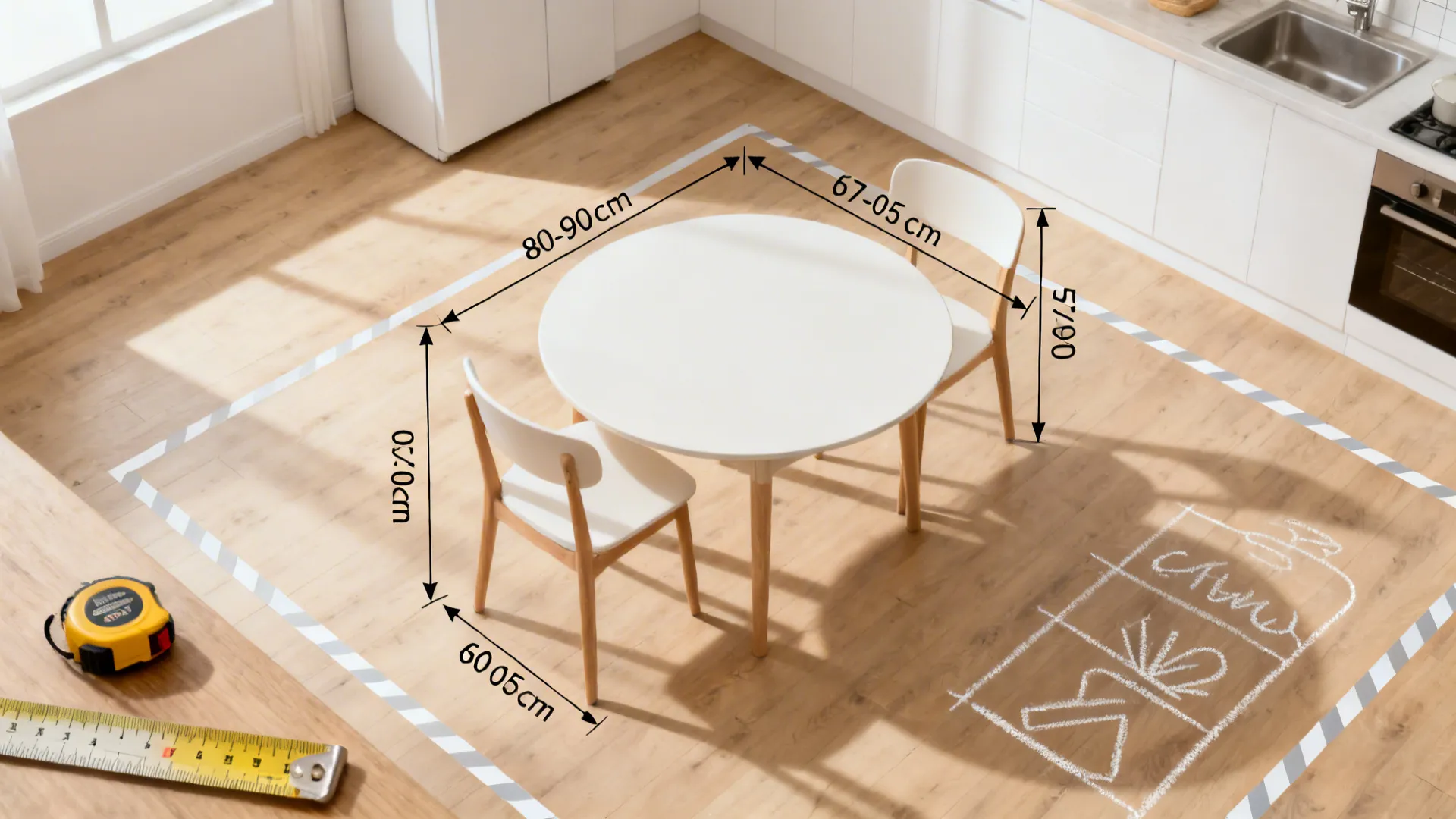 Top-down view of a small dining layout showing clear chair pull-out space around a round table.