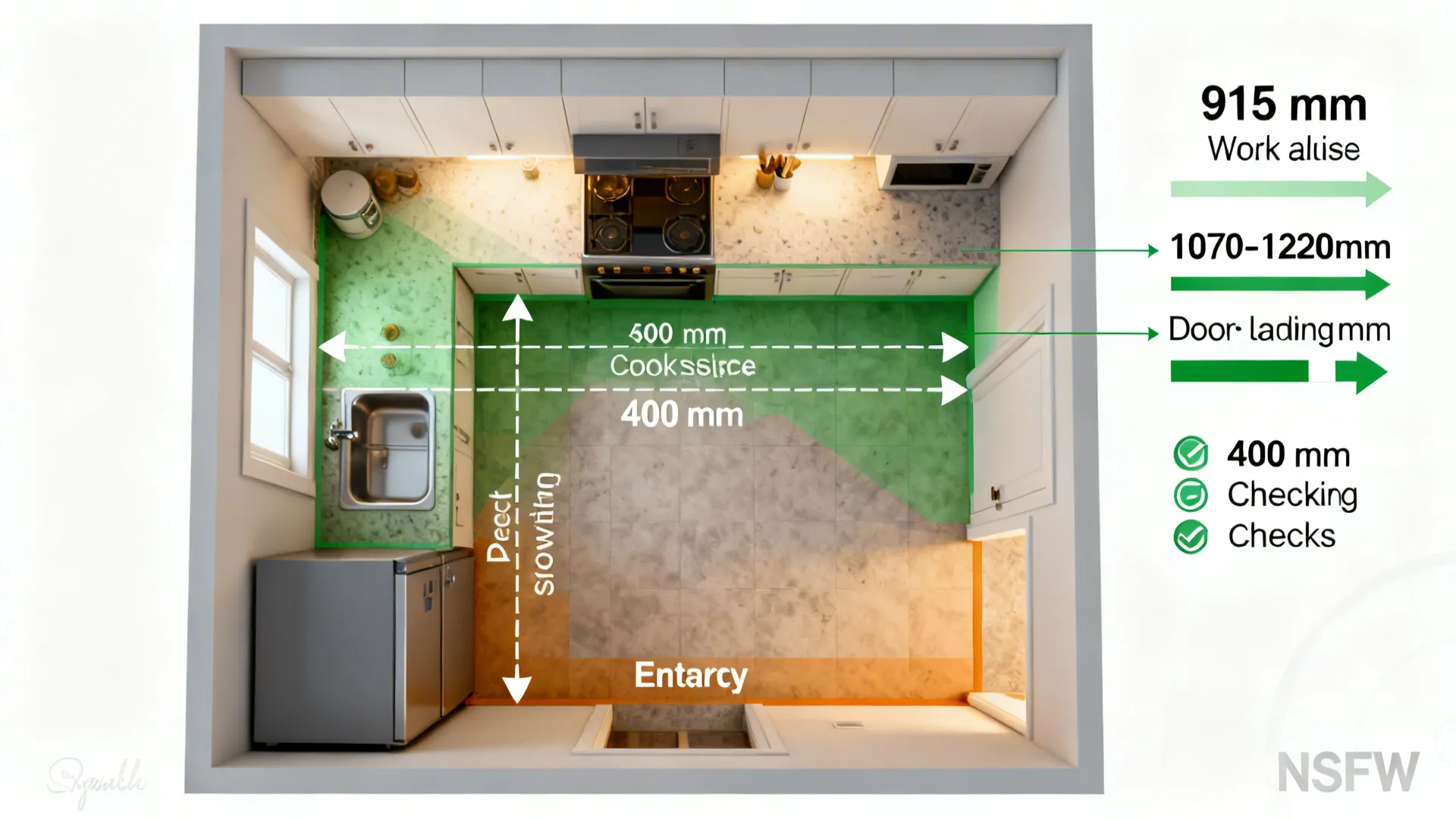 Overhead kitchen plan showing NKBA-style aisle widths, landing space, and door swing overlap checks.