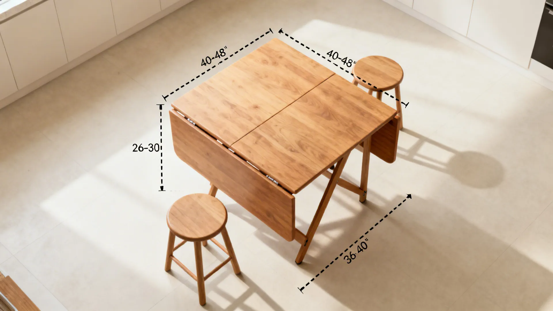 Top-down diagram showing aisle clearances and compact table dimensions in a small kitchen.