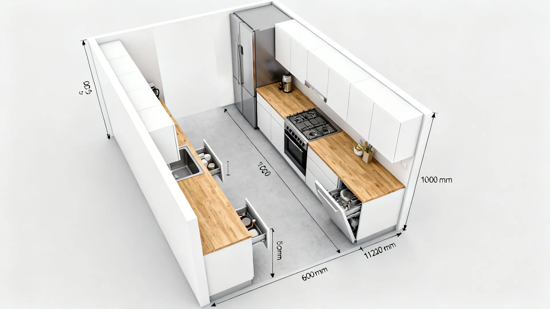 Top-down galley layout showing aisle widths and appliance door clearances for ergonomic movement.