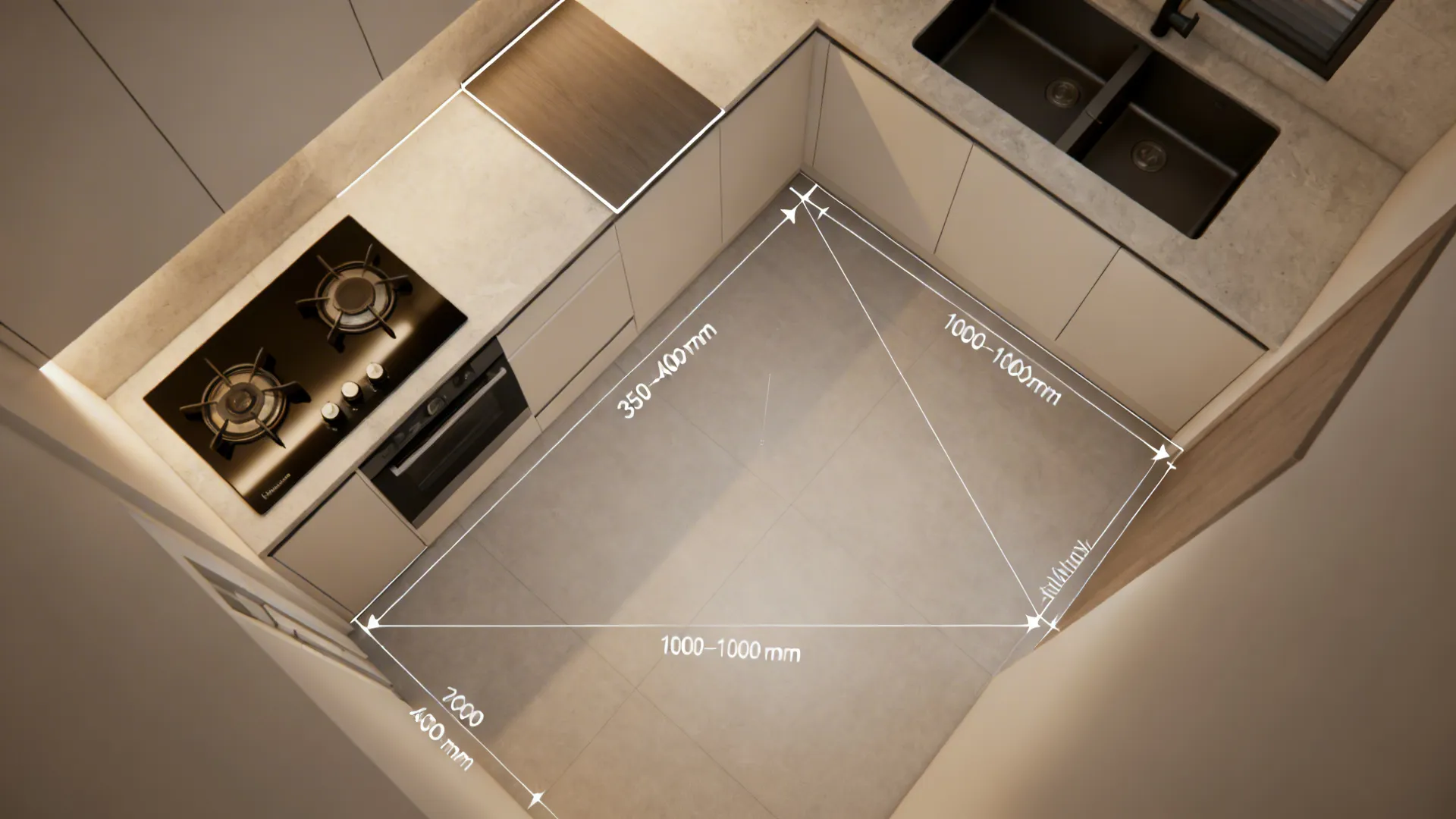 Top-down visualization of compact kitchen clearances, loft depth, and safe cooktop bridging.