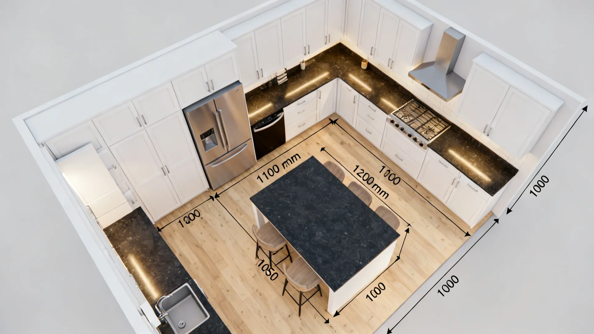 Top-down compact kitchen plan showing clear aisle widths and door swing zones.