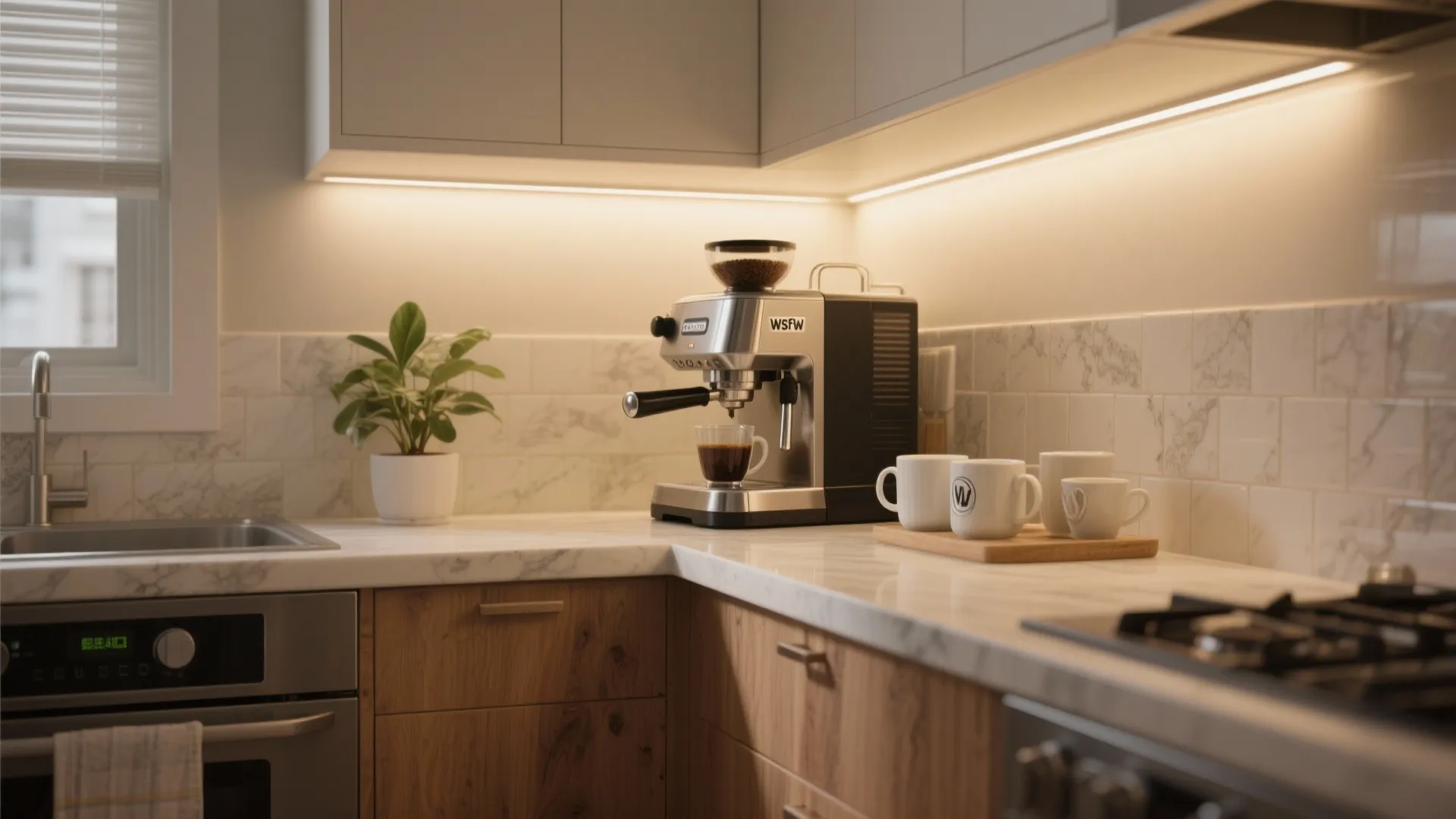 Modern kitchen coffee station with silver espresso machine white mugs green plant and marble countertop