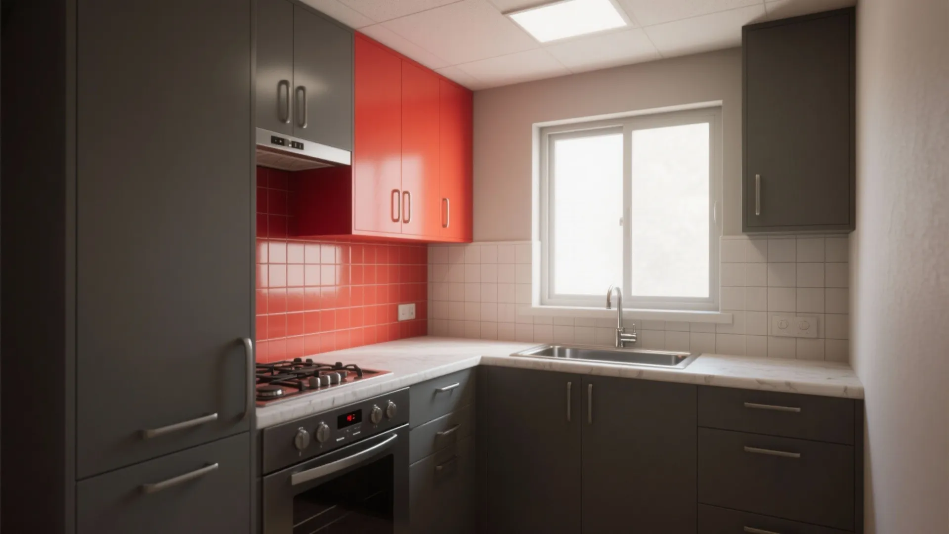 Modern kitchen with grey cabinets red wall tiles stove sink window and white marble countertop