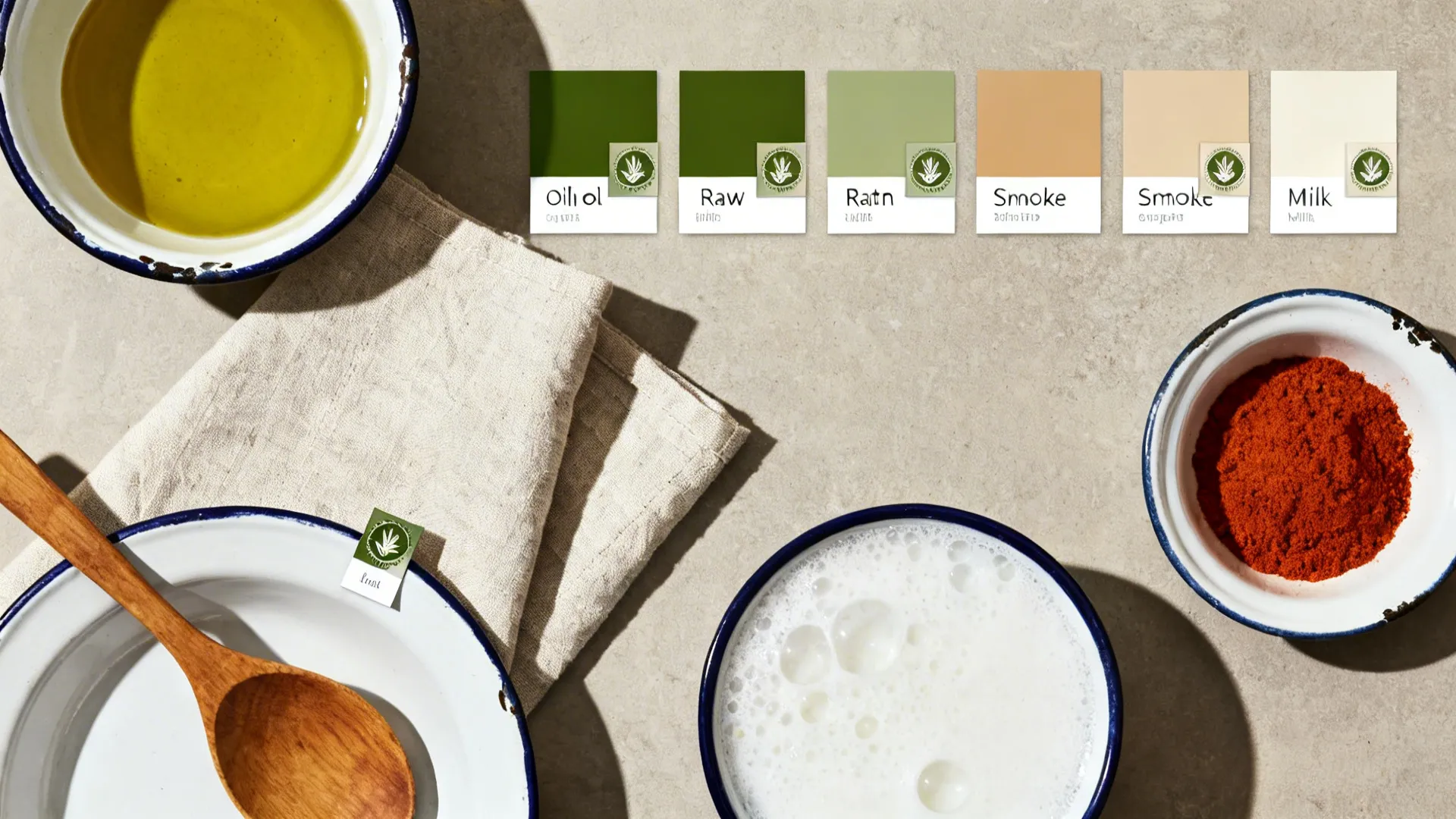 Ingredient-inspired color swatches with enamel, linen, and wood props.