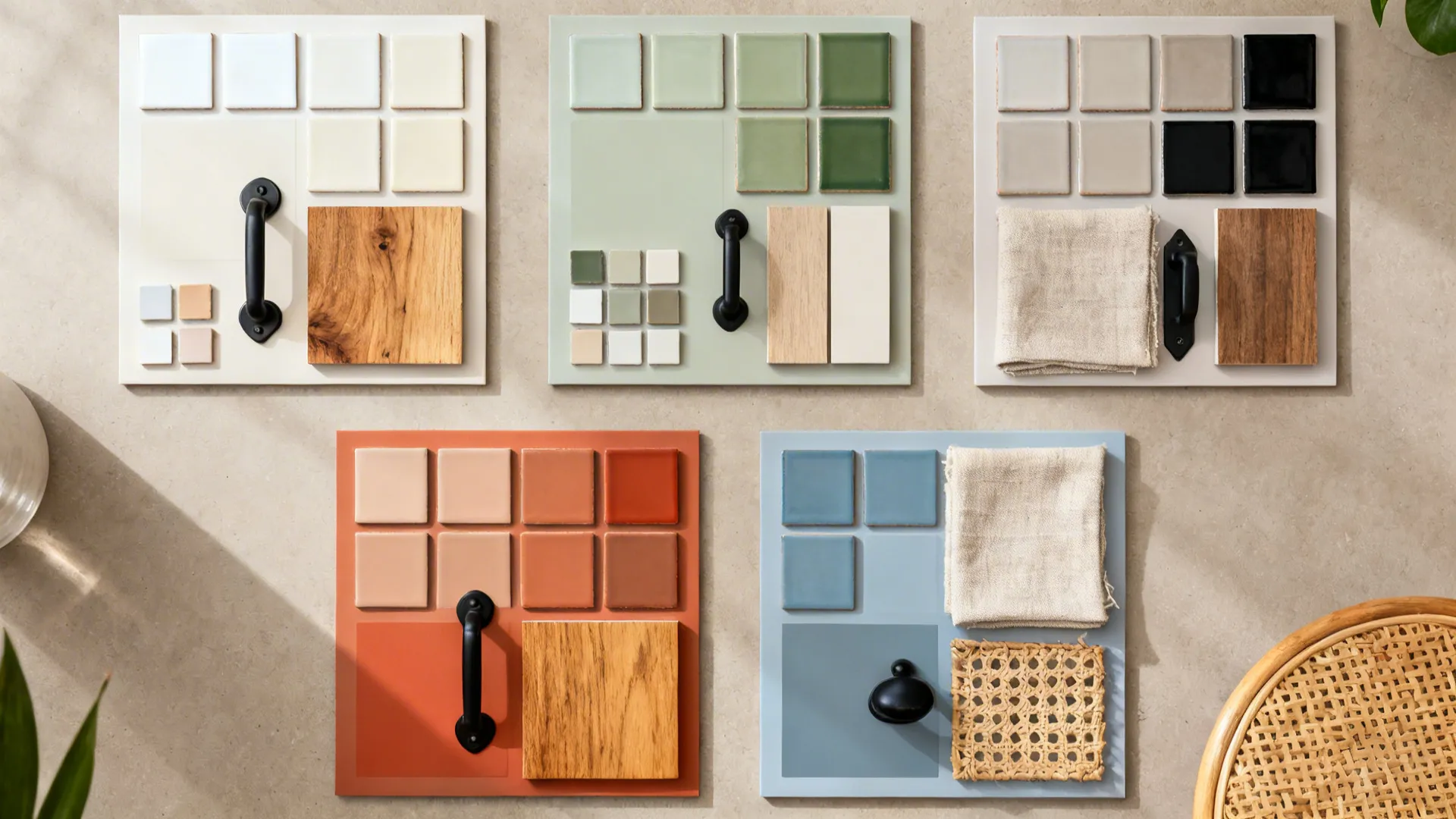 Flat lay of kitchen-dining color chips and materials including creams, sage, greige, clay, and terracotta.