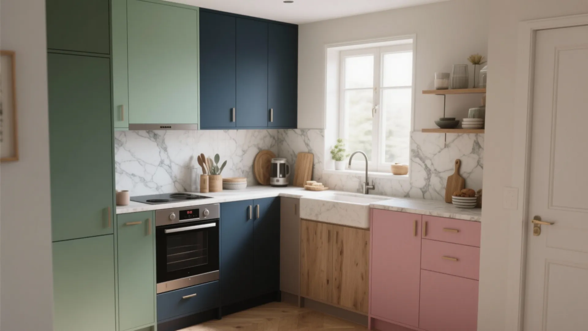 Modern colorful kitchen featuring green blue and pink cabinets with marble walls and wooden floors