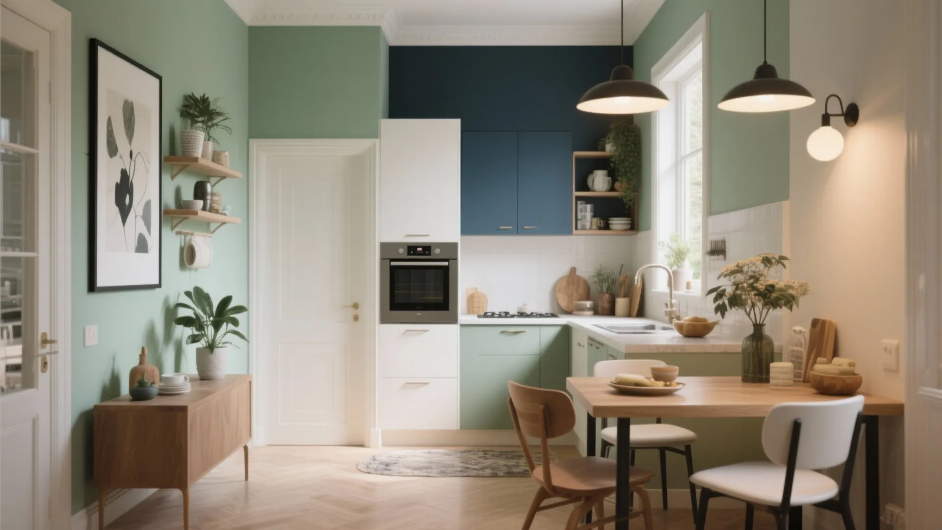 Modern green and navy kitchen with white cabinets wooden table chairs wall light and wood floor