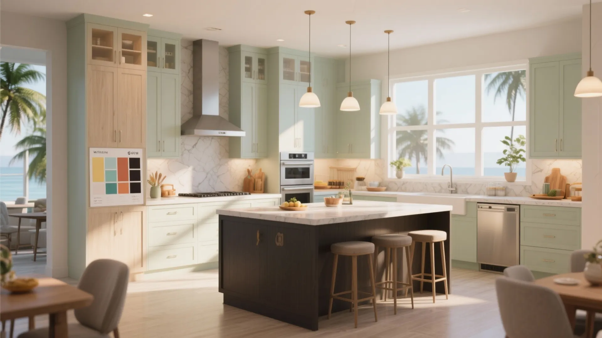 Modern kitchen with green cabinets dark wood island marble counters and three hanging ceiling lights