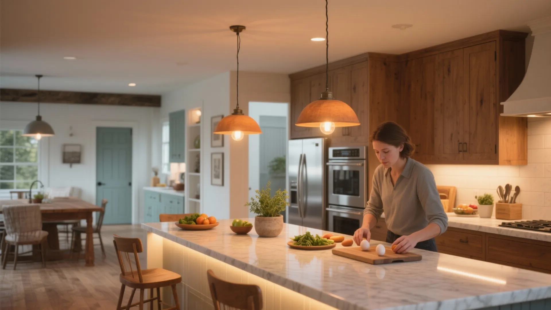 Woman preparing food in a warm kitchen with wooden cabinets marble island and hanging ceiling light
