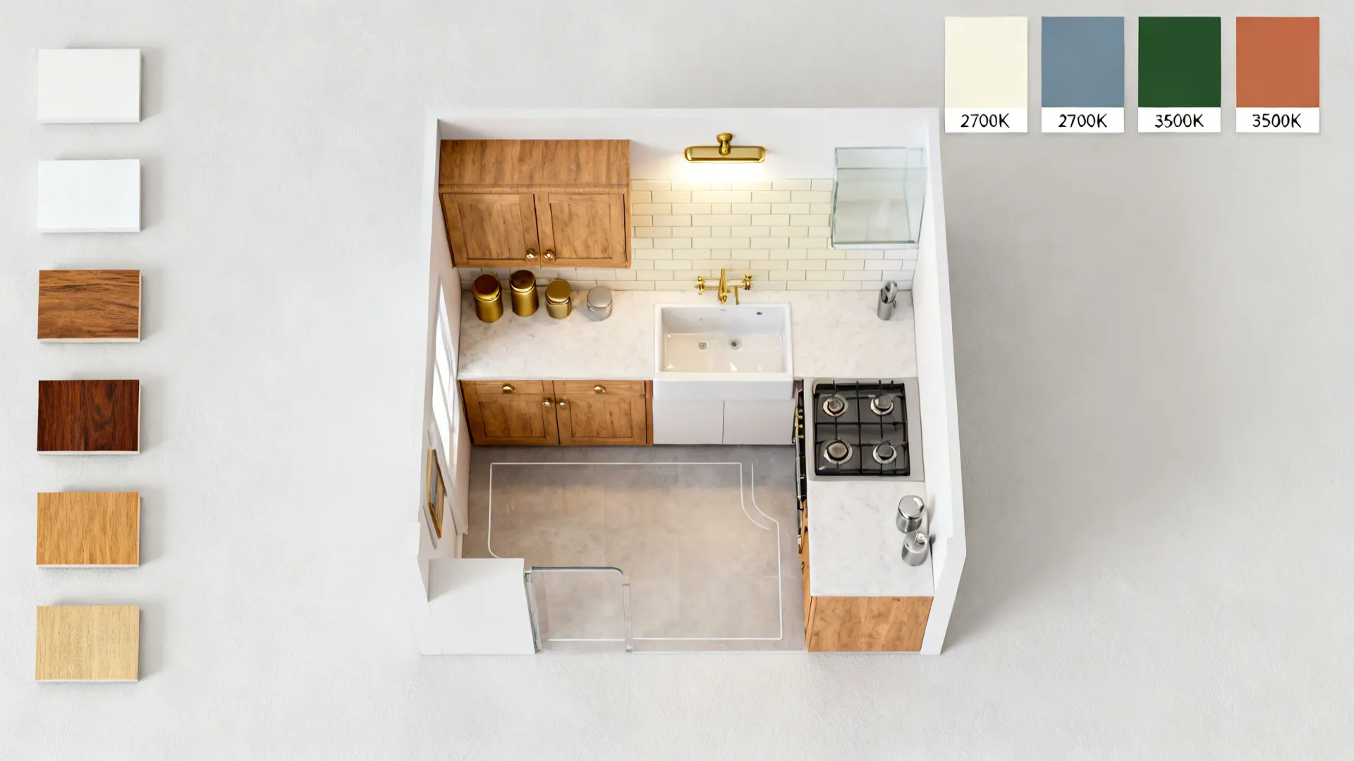 Top down view of small kitchen layout with various wood material swatches and color palette options