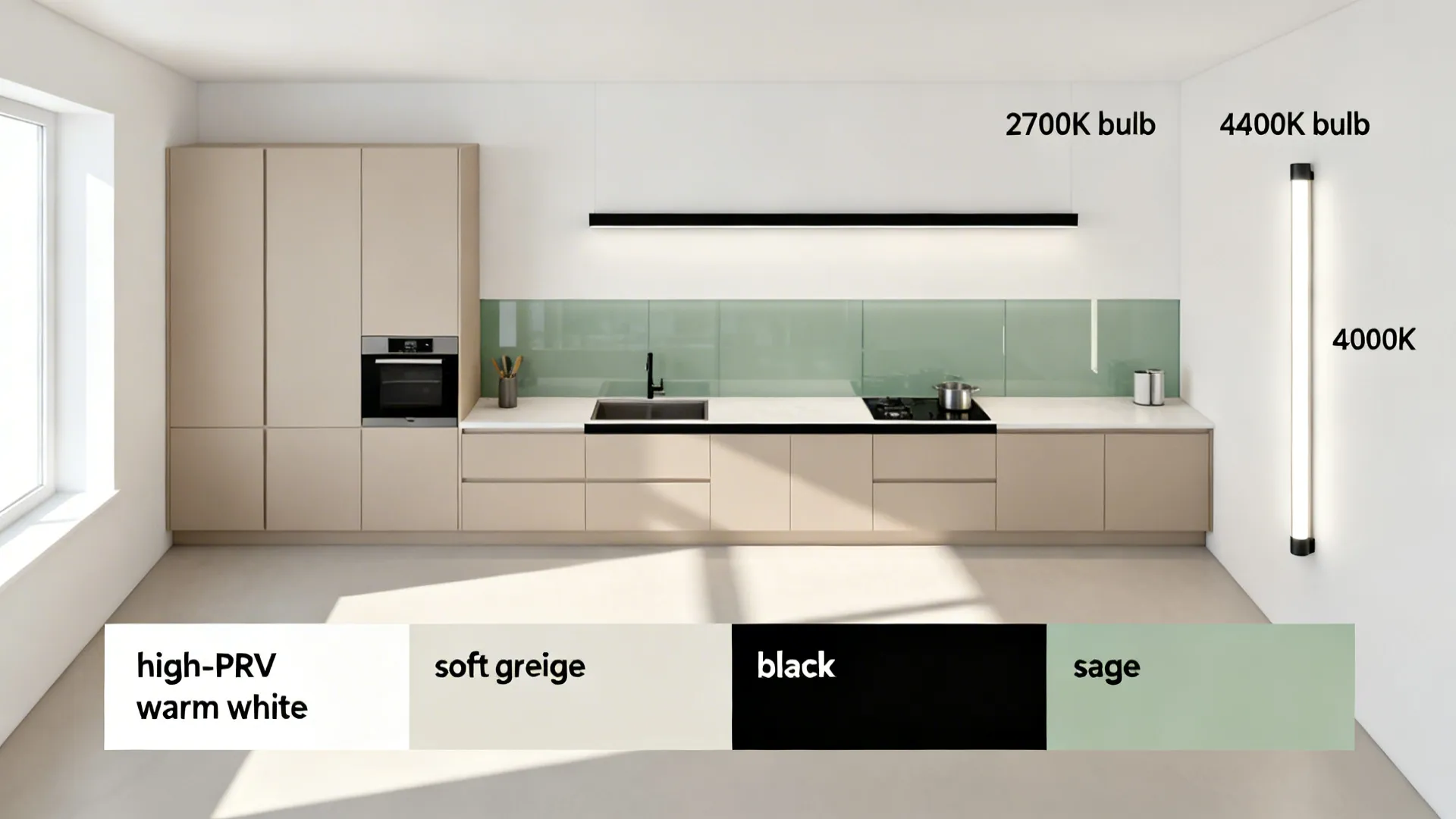 Top-down small kitchen plan showing lighting temperatures, swatch testing, and palette zones.