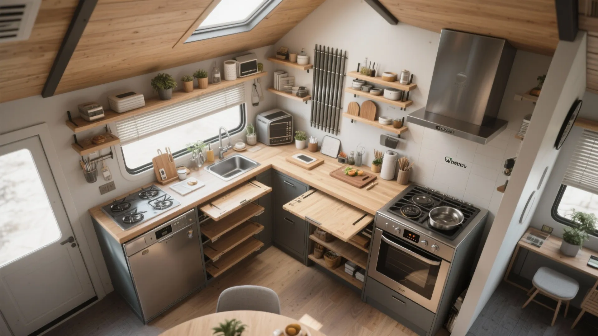Compact modern kitchen with wooden countertops grey cabinets stainless steel stove and natural light from window