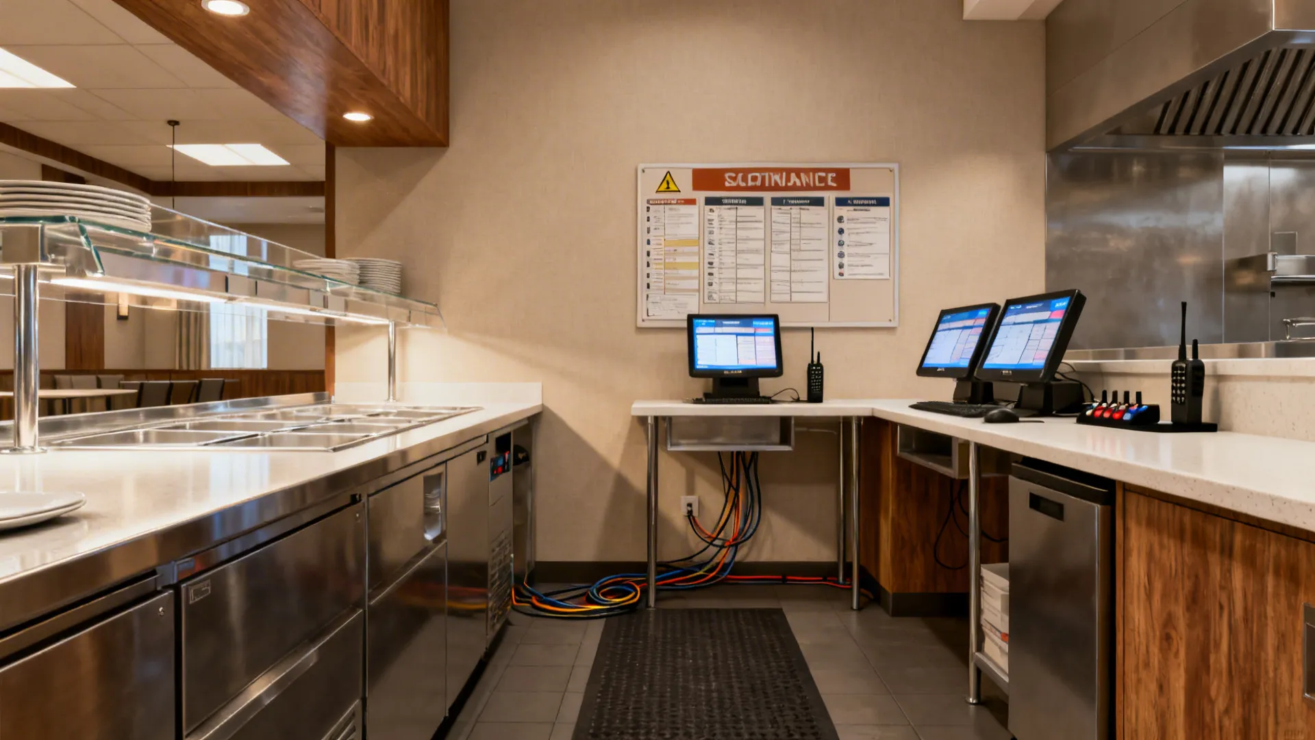 Hotel kitchen command corner with expo counter, ticket screens, radios, and safety board