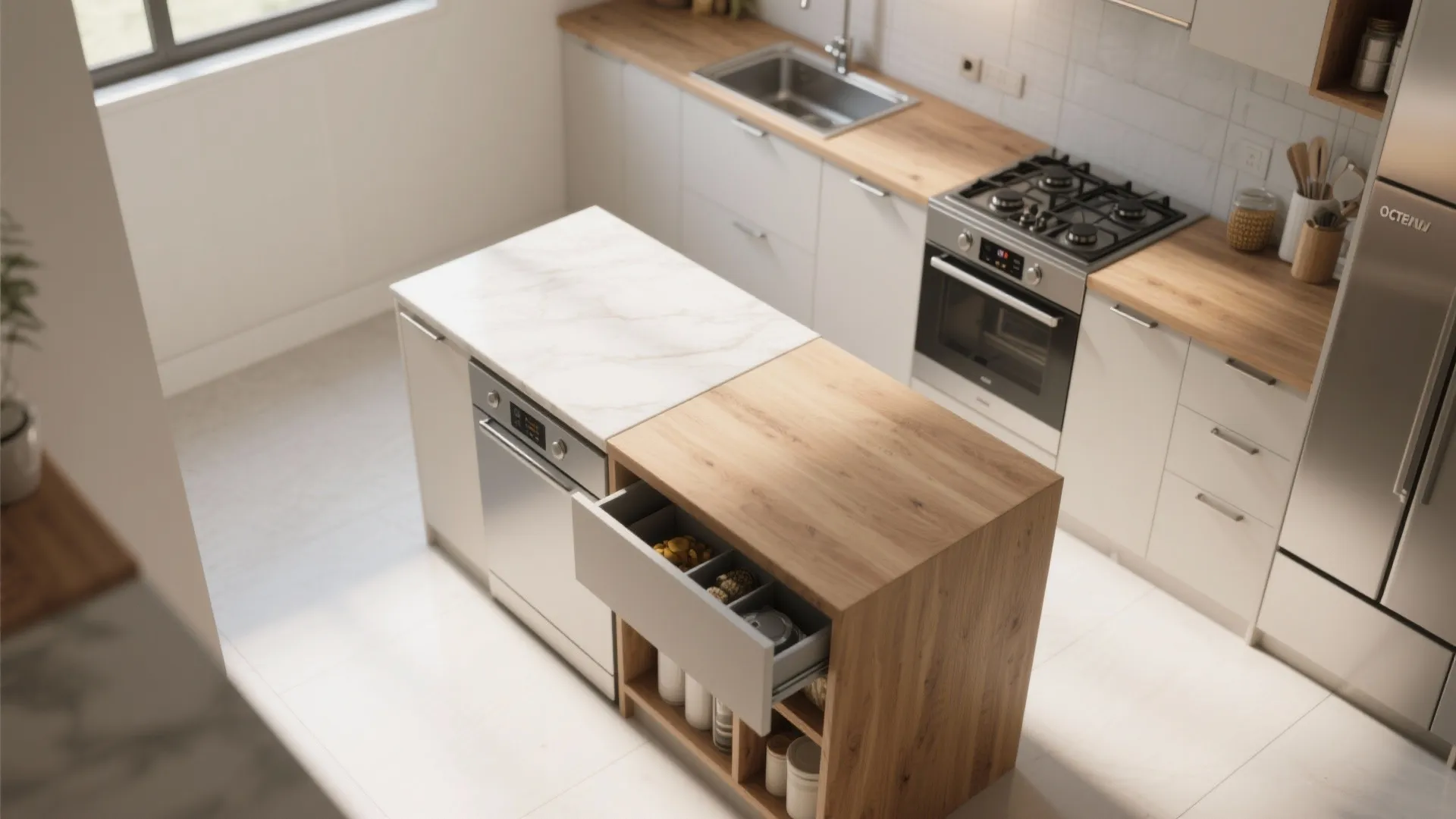 Modern kitchen island with wood countertop open drawer dishwasher gas stove and white cabinet storage
