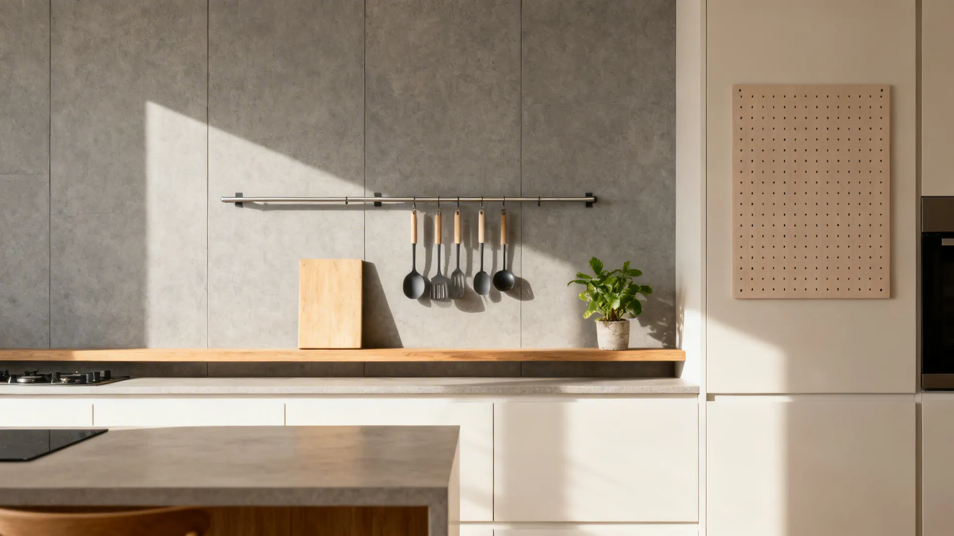 Small warm-minimalist kitchen combining slab, rail, ledge, and subtle pegboard.
