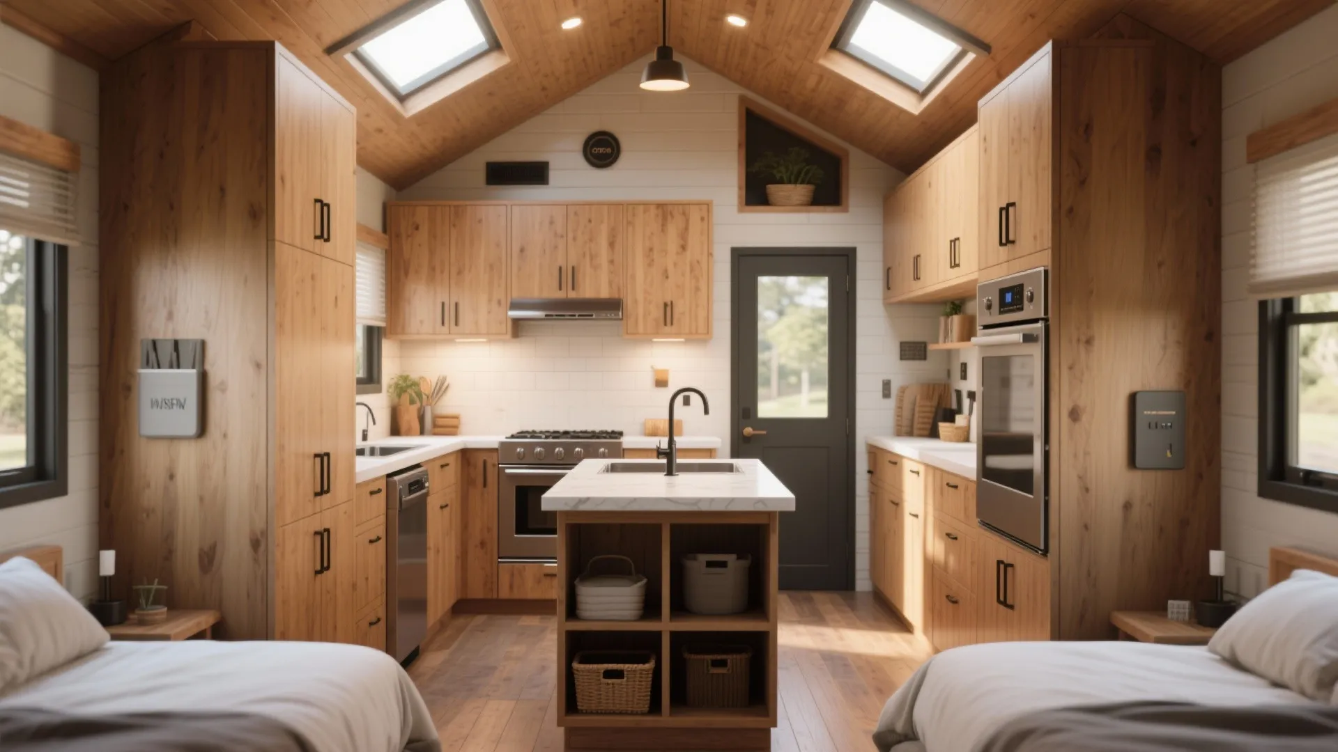 Kitchen-centric tiny home layout with bedrooms on either side and multi-function island.
