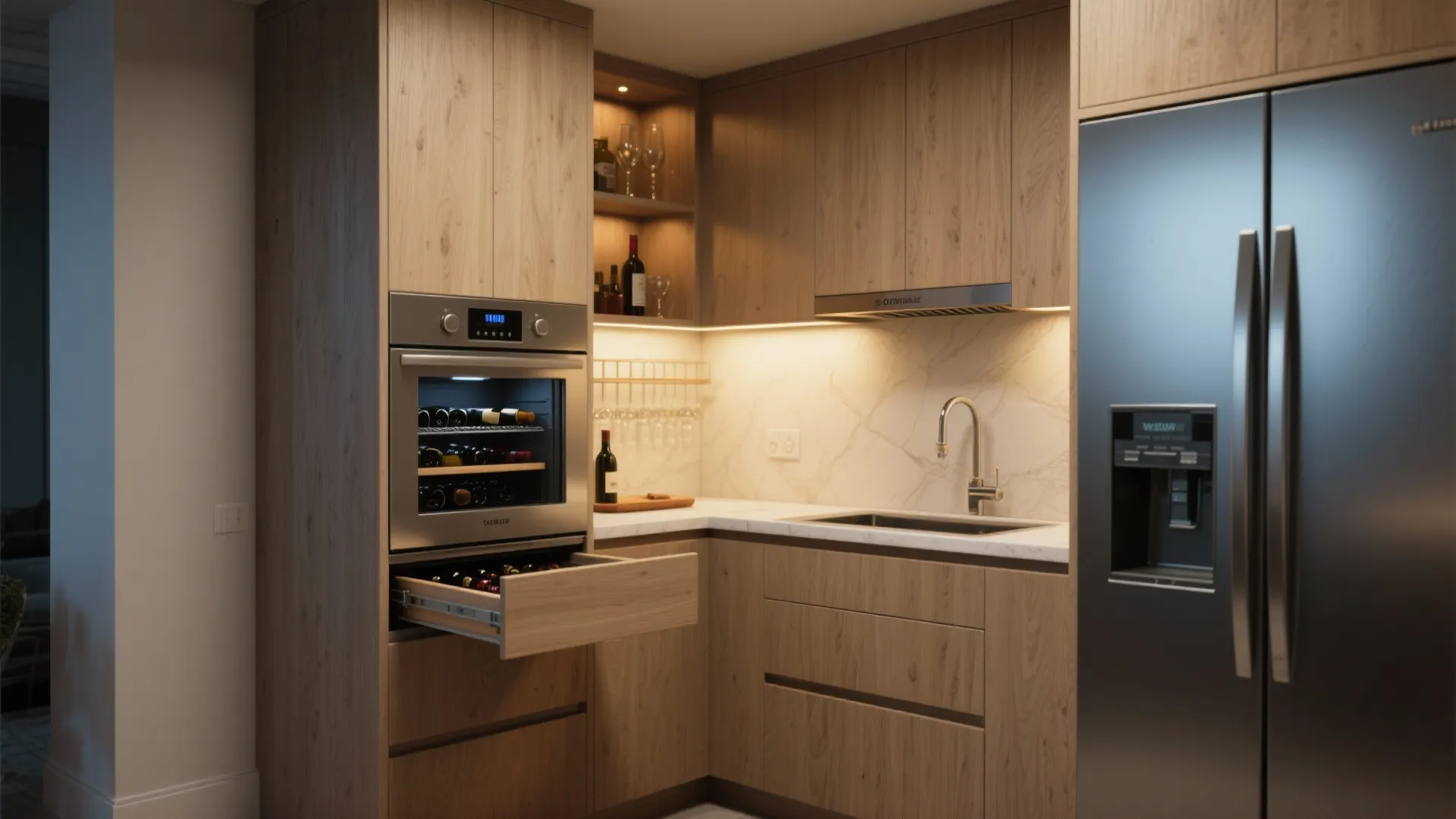 Modern wood kitchen corner with built in wine fridge and tall grey refrigerator with dispenser