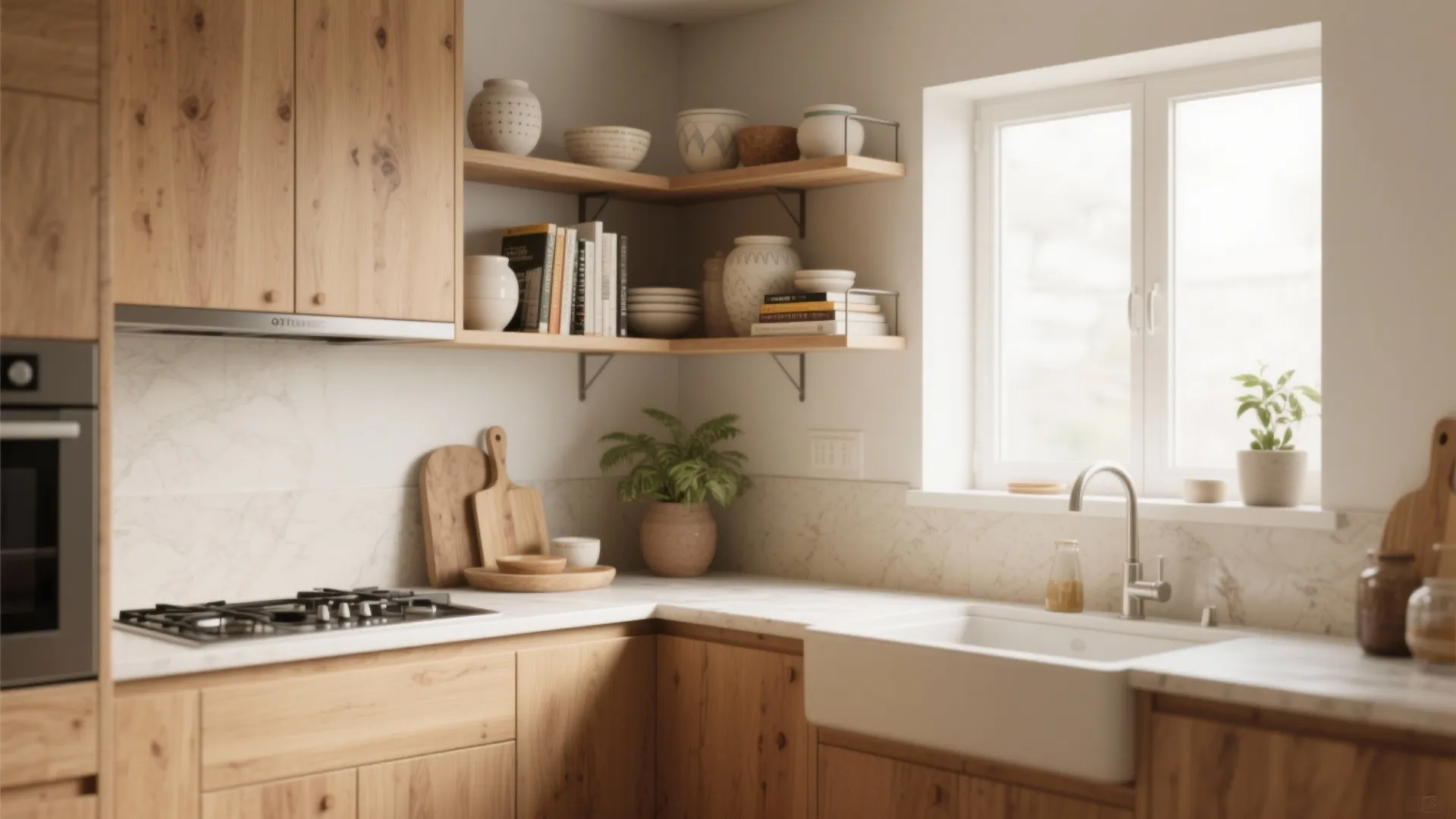 Modern kitchen corner with wooden cabinets white stone countertop sink gas stove and open wall shelves