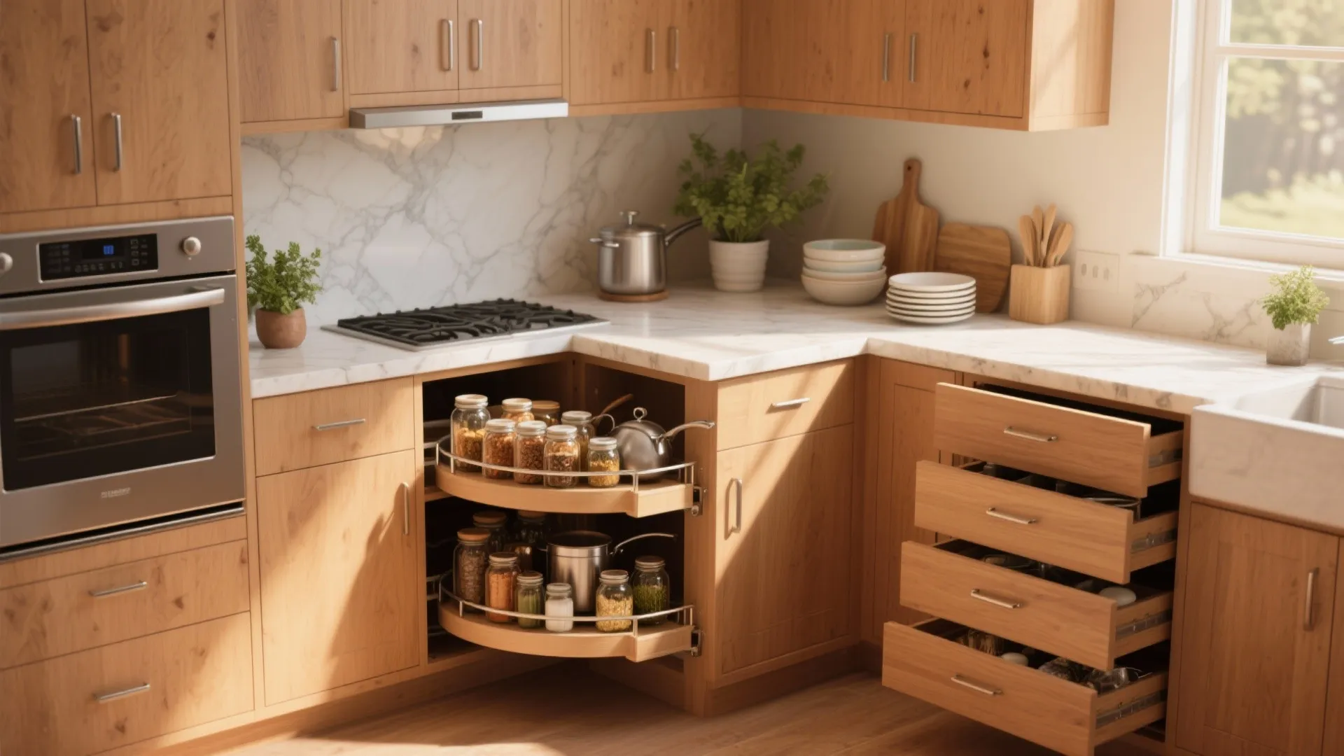 Bright kitchen corner with wooden cabinets featuring a rotating spice rack and open storage drawers