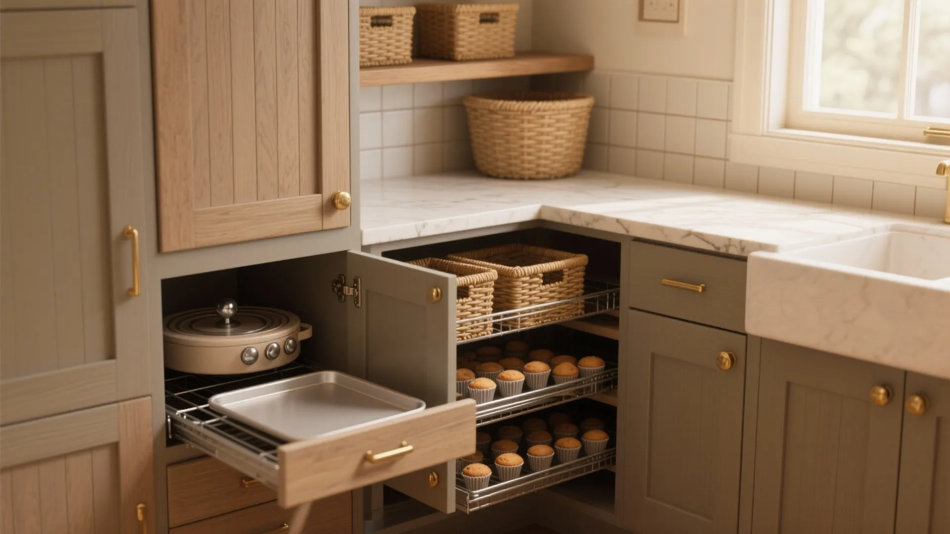 Modern kitchen corner cabinet with pull out wire shelves holding baking trays and fresh muffins