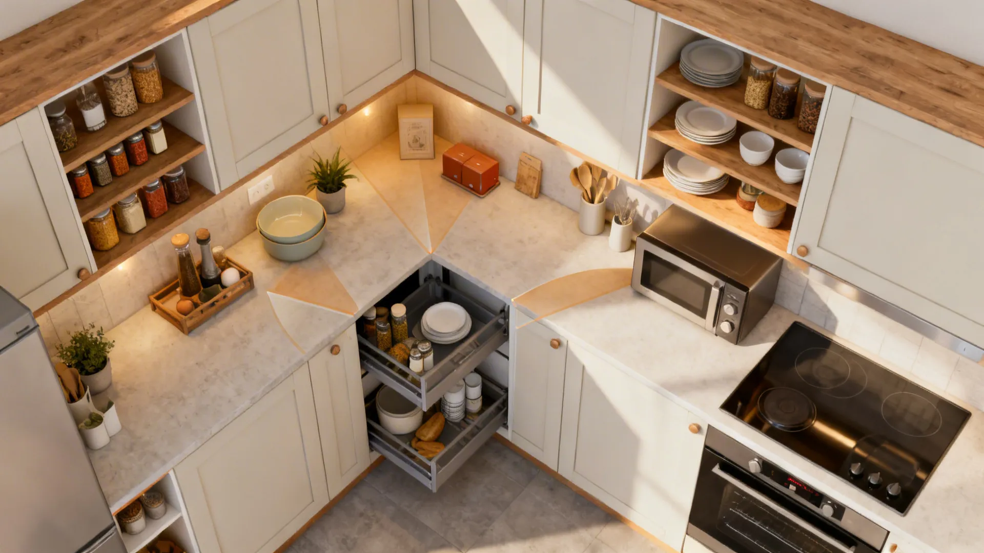 Top-down L-shaped kitchen plan illustrating corner shelf depths, pullout clearances, and reach zones.