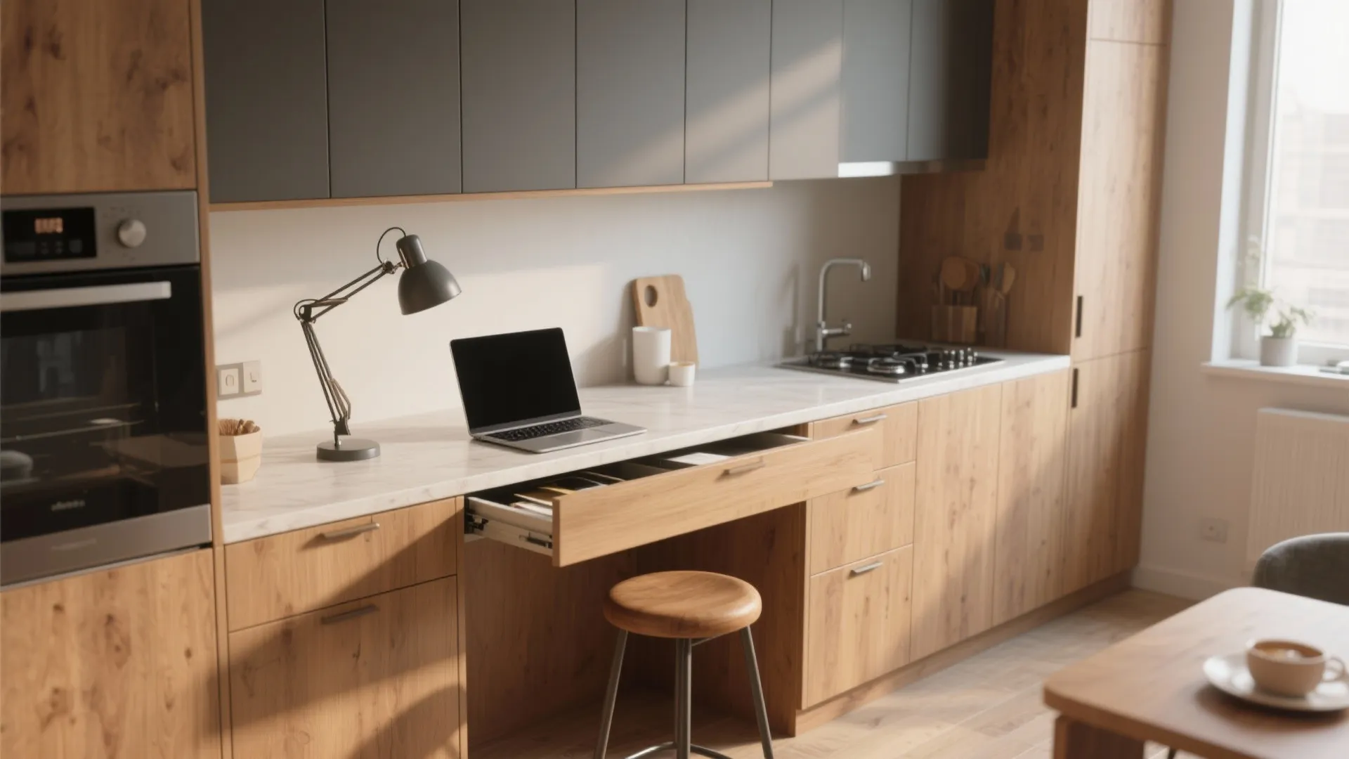 Kitchen counter used as a workspace with a laptop desk lamp wooden stool and cabinets