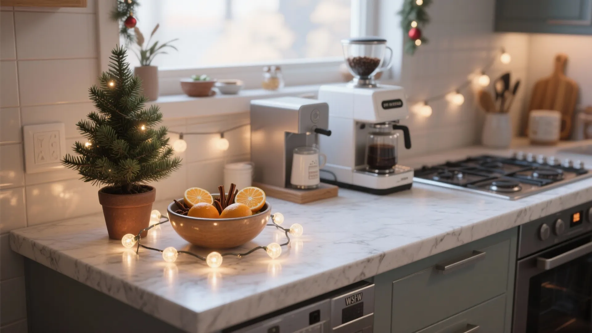 Kitchen countertop featuring small festive tree bowl of oranges coffee machines and warm string lights