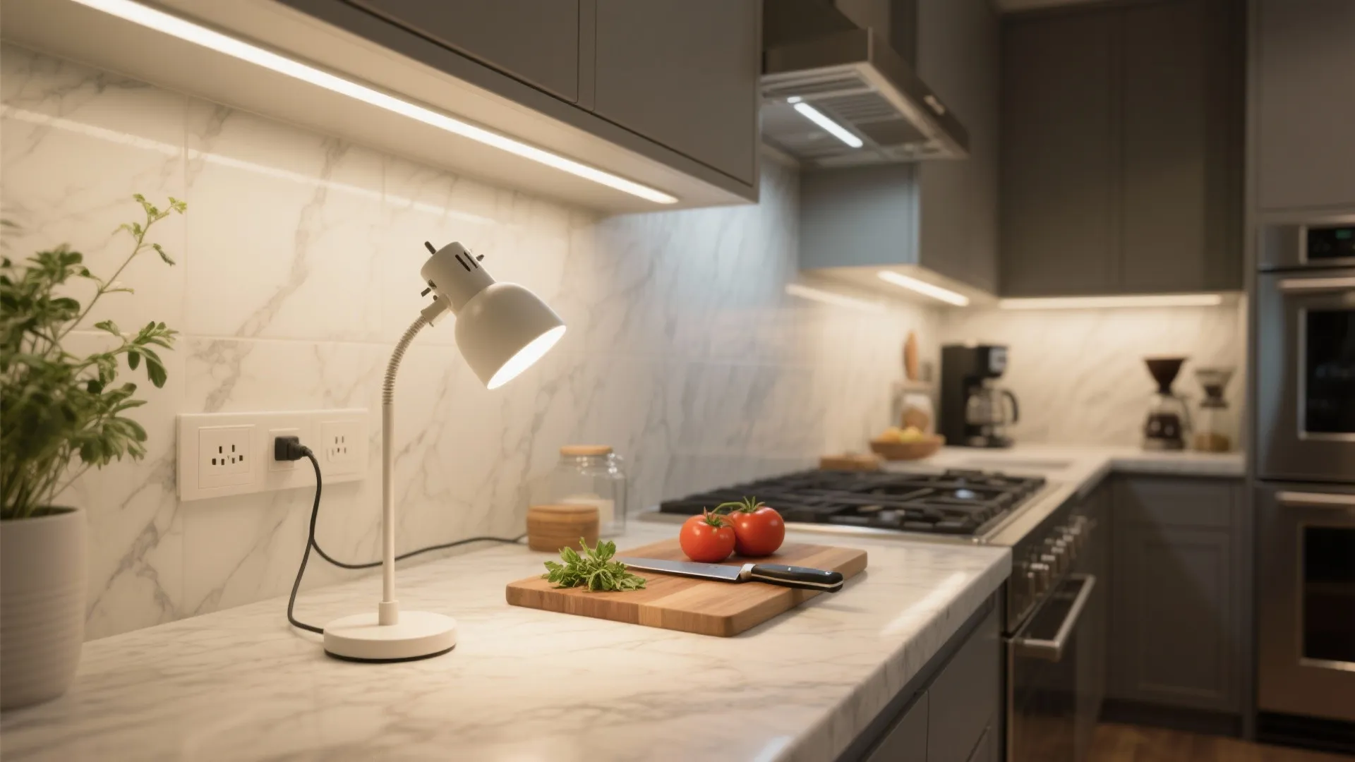 Modern kitchen marble counter with desk lamp tomatoes on wood cutting board and warm lighting