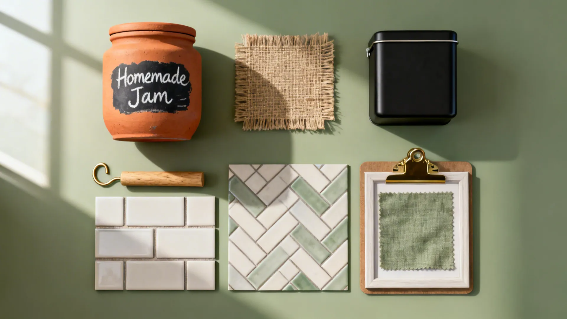 Top-down collage of DIY kitchen craft elements styled in a warm minimalist palette.