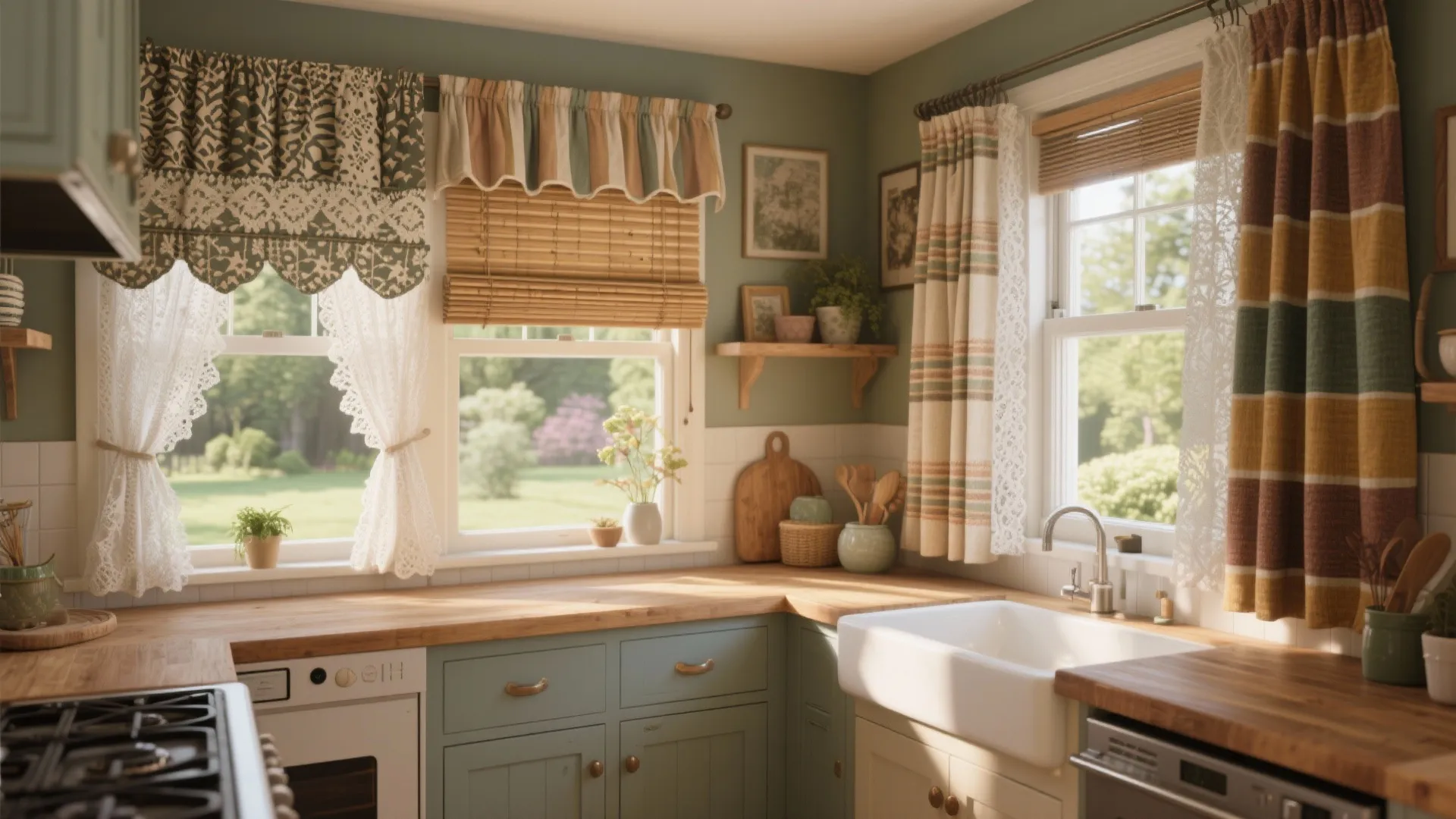 Rustic kitchen with green cabinets wooden countertops white sink and several types of patterned curtains