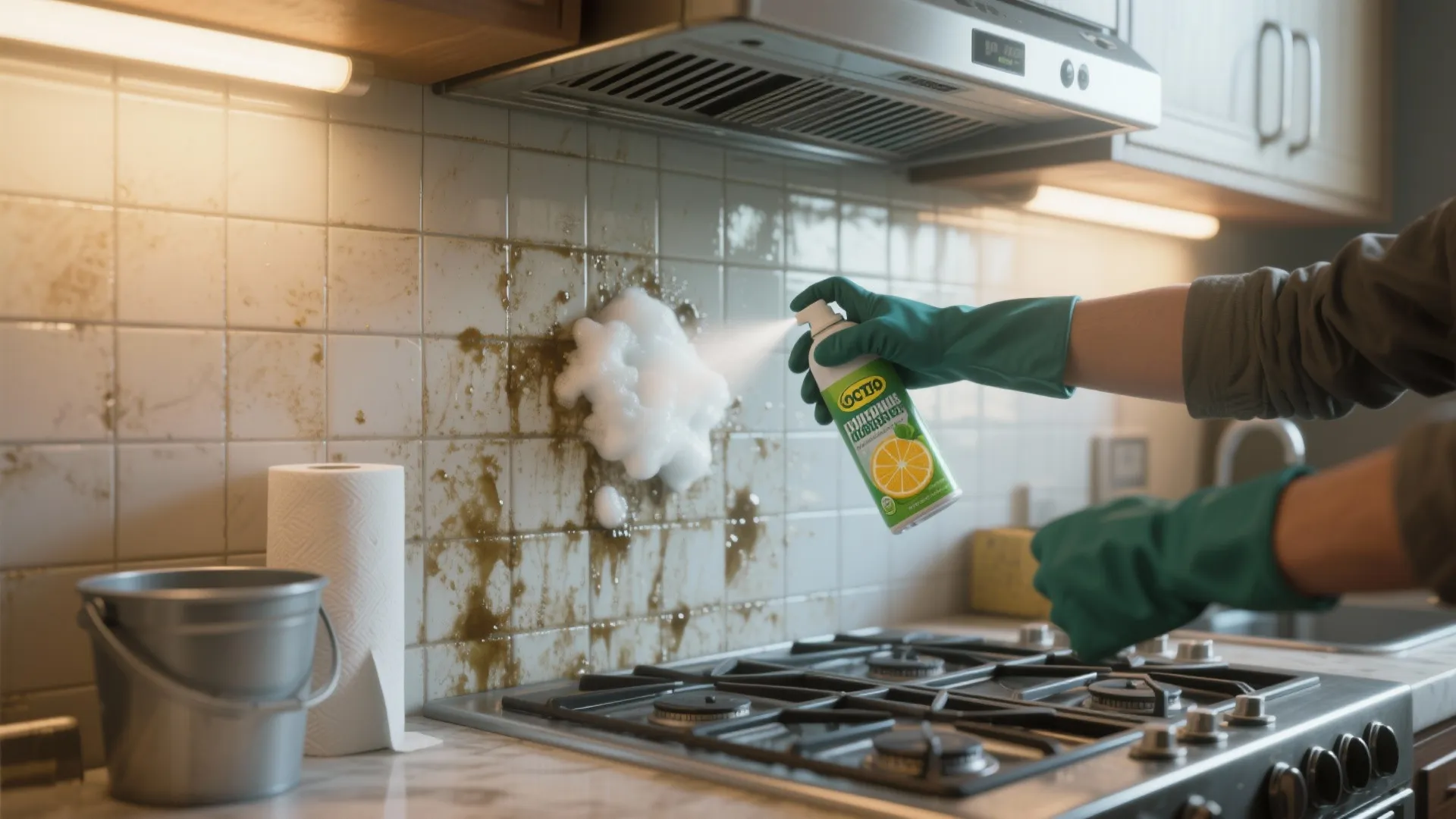 Person in green gloves spraying white foam cleaner onto dirty kitchen wall tiles near stove