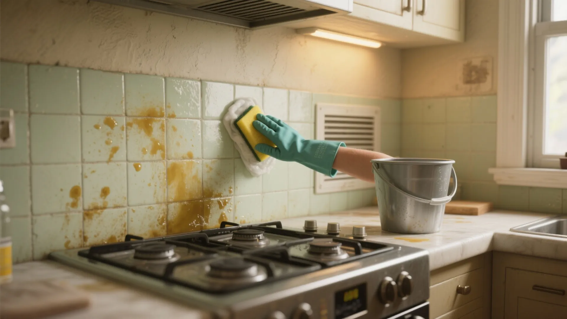 Hand in green glove cleaning greasy kitchen tiles with yellow sponge near stove and bucket