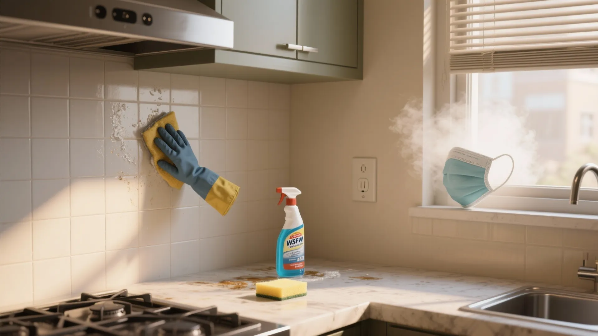 Cleaning kitchen wall tiles with a sponge wearing blue gloves and using a spray bottle
