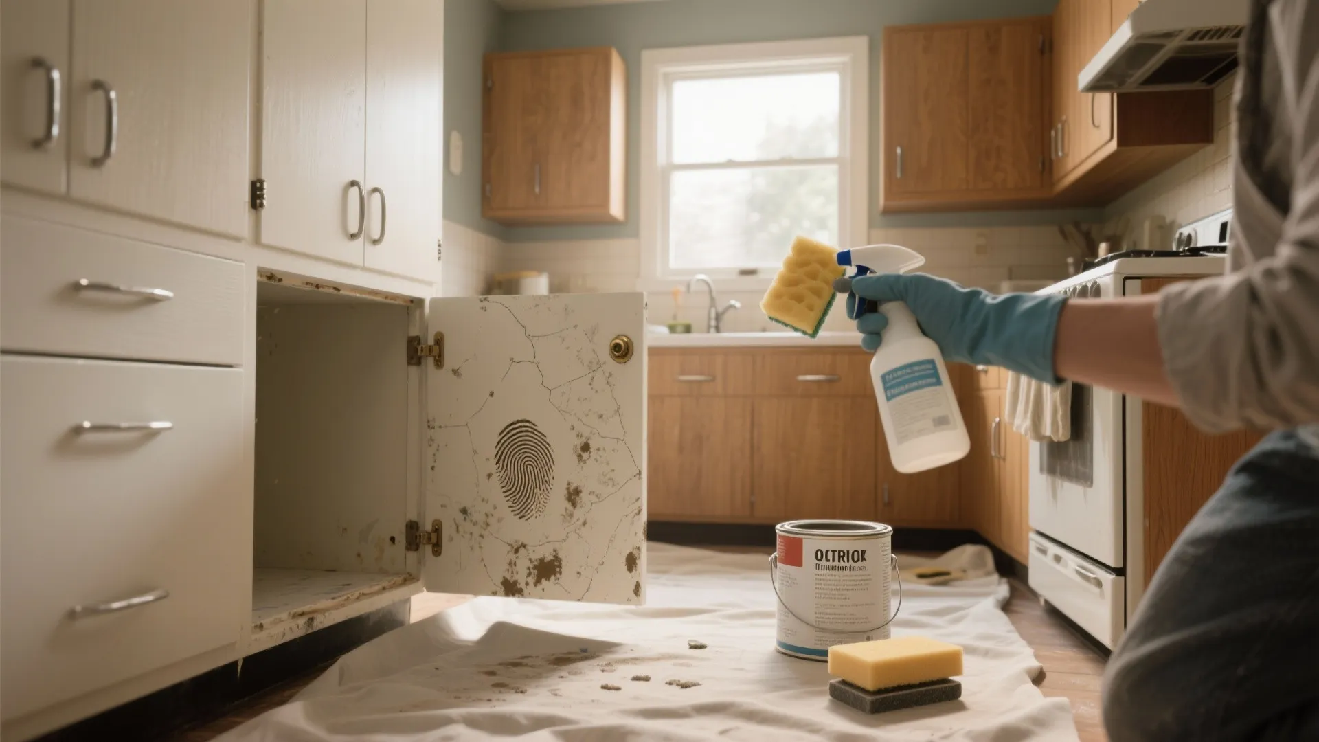 Person in blue gloves cleaning dirty white kitchen cabinet door with spray bottle and sponge