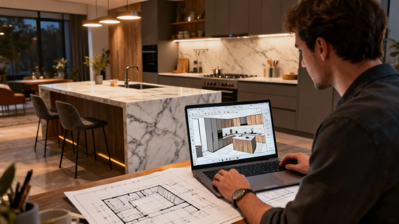 Diseño de cocina moderna con plano y render 3D en pantalla