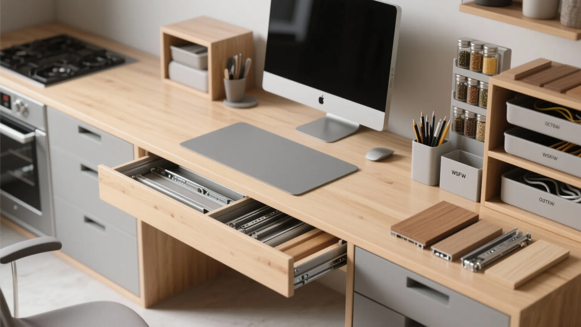 5. Multipurpose desk that borrows kitchen layout tricks