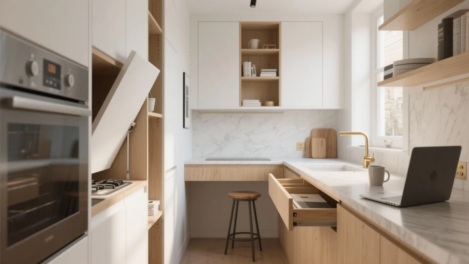 Modern white kitchen with wooden cabinets integrated desk area stool laptop oven and bright natural light