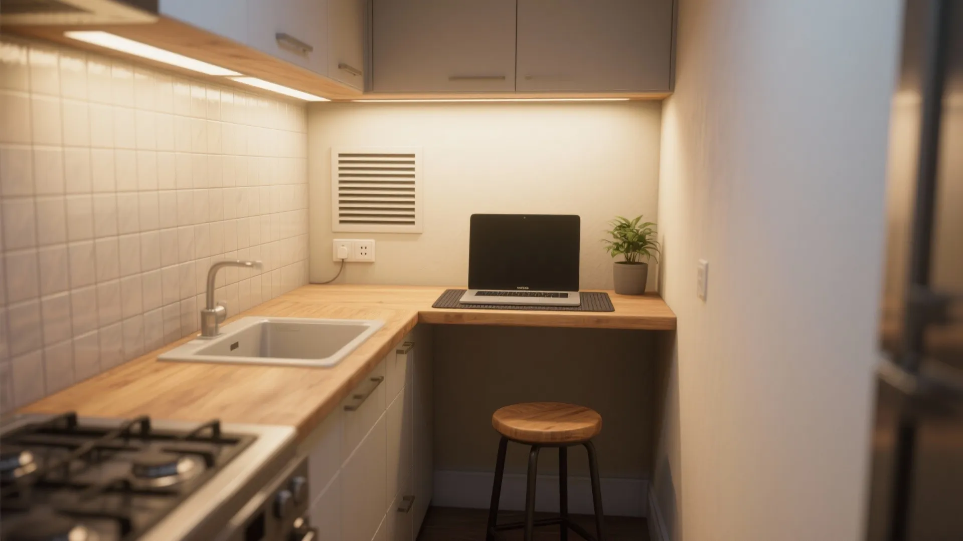 Kitchen counter alcove converted into a small desk nook with a laptop and under-cabinet lighting.