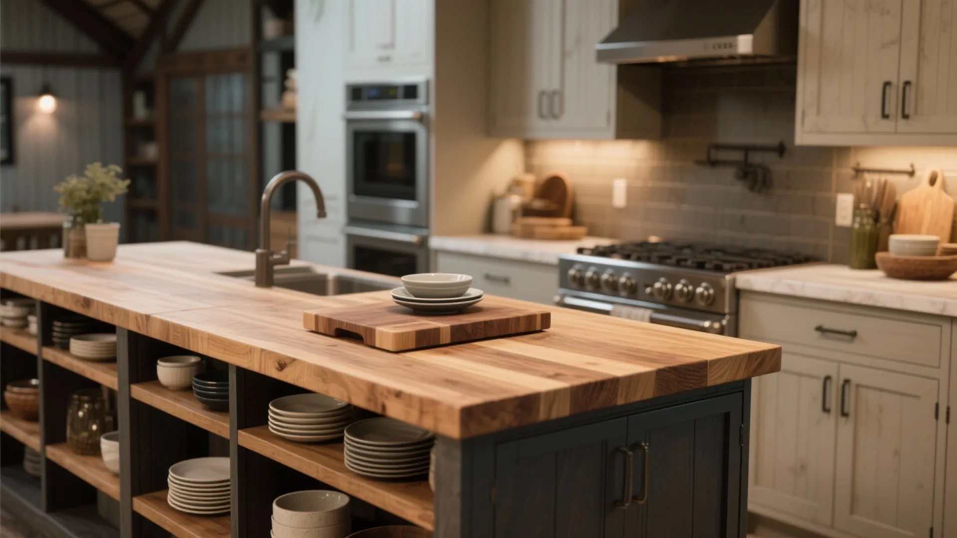 Wooden kitchen island with cutting board and plates next to a sink with grey cabinets behind