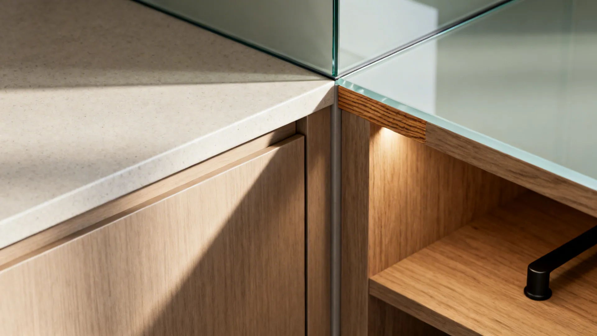 Macro of handleless cabinet shadow gap, eco-quartz edge, and low-iron glass backsplash seam.