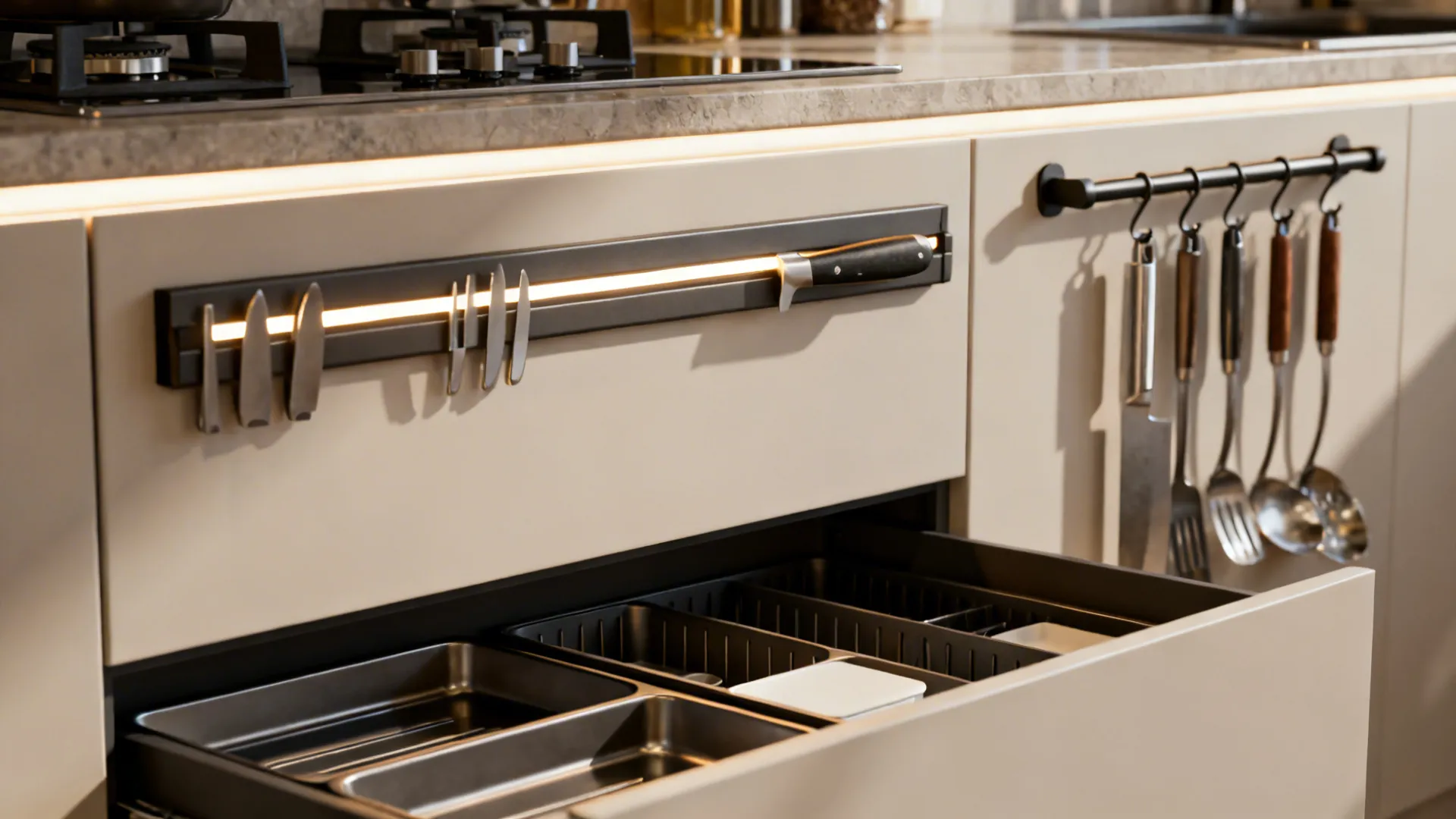 Close-up of under-cabinet lighting, magnetic strip, and toe-kick drawer storage solutions.